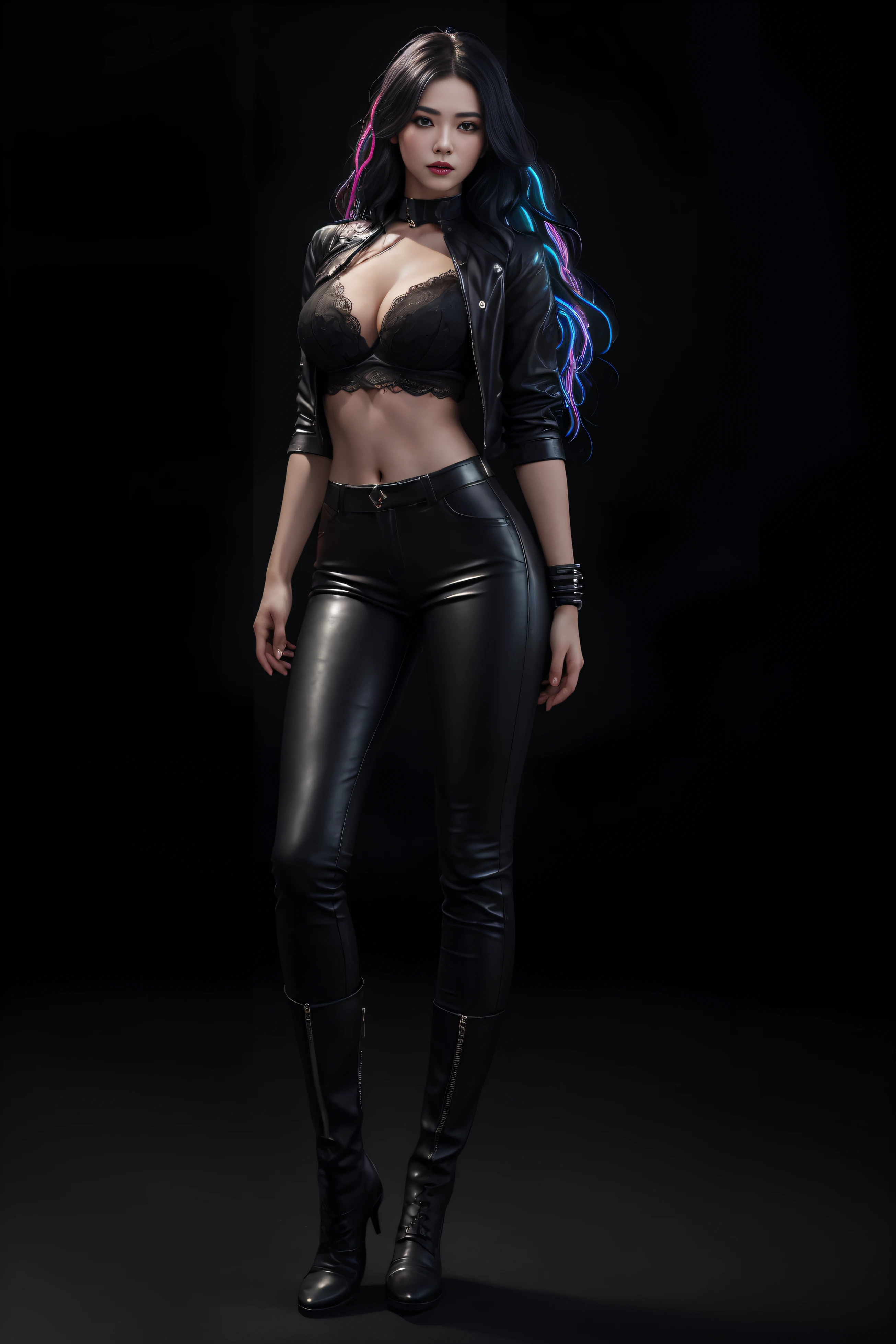 (masterpiece, top quality, best quality, official art, beautiful and aesthetic:1.2), (1girl:1.3), (fractal art:1.3), solo, Jade from mortal kombat, Mortal Kombat video game, black headband, ((long wavy hair with neon streaks:1.2)), large breasts, deep cleavage, beautiful face, Asian lady, see-through lace bra, ((tight fitted pants)), (wide hips:1.2), beautiful girl, ((standing:1.4)), (confident gaze:1.1), full body, ((realistic highly detailed eyes:1.4)), ((seductive pose:1.2)), black eyeshadow, (street style wear:1.2), ((tight fitted pants)), ((knee high leather boots)), (dark city night black background:1.4), dark makeup, digital art, trending on artstation, highly detailed, fine detail, intricate, detailed facial features, sharp focus, smooth, aesthetic,