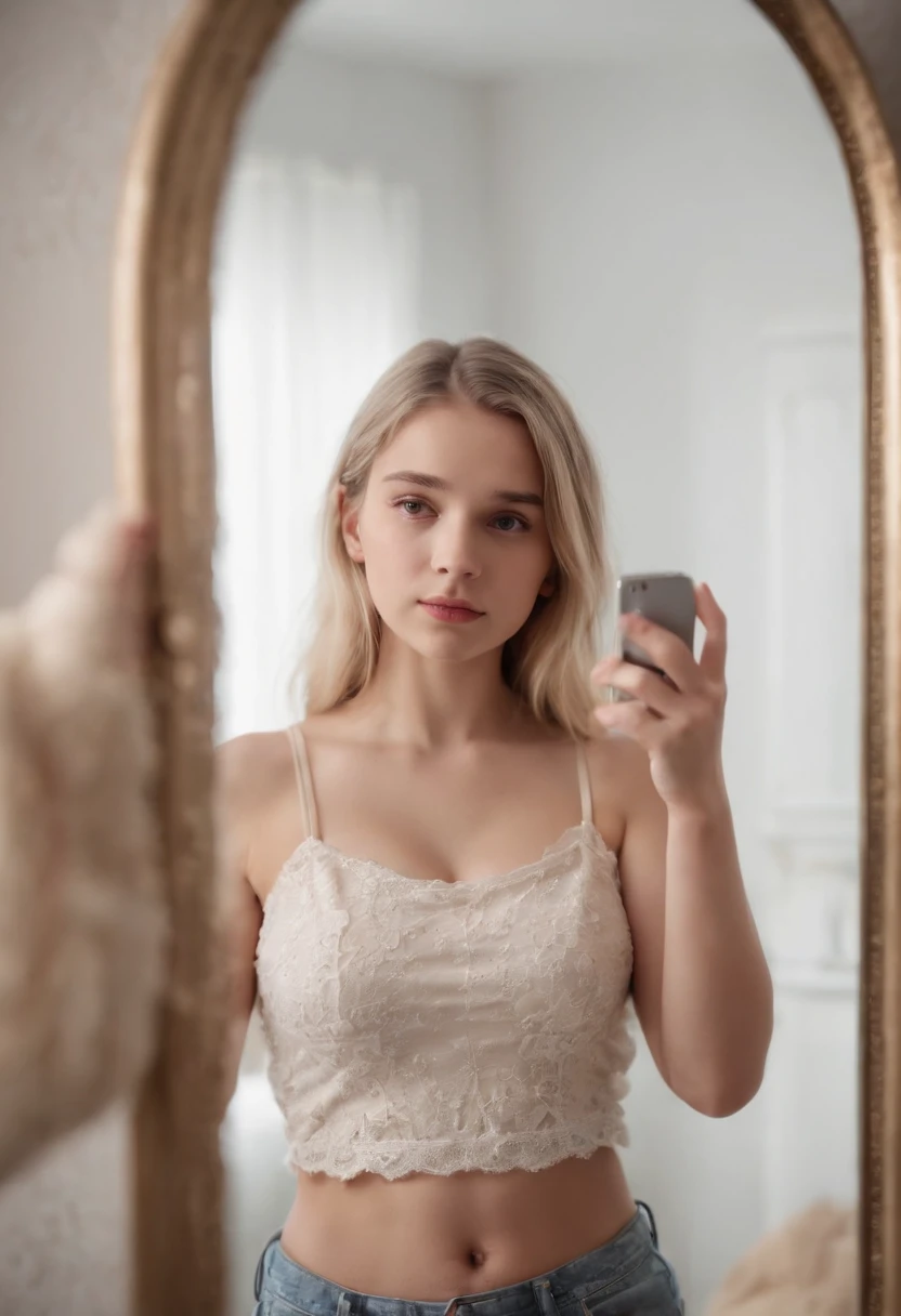 big tits blonde girl taking full body selfie front of a mirror in messy room