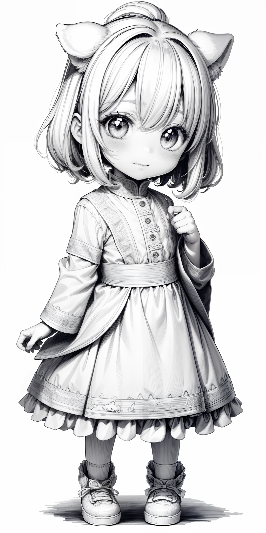 Children coloring page drawing. Monochrome line art of a cute
chibi girl and a dog, full white, white fill, (((white background)))