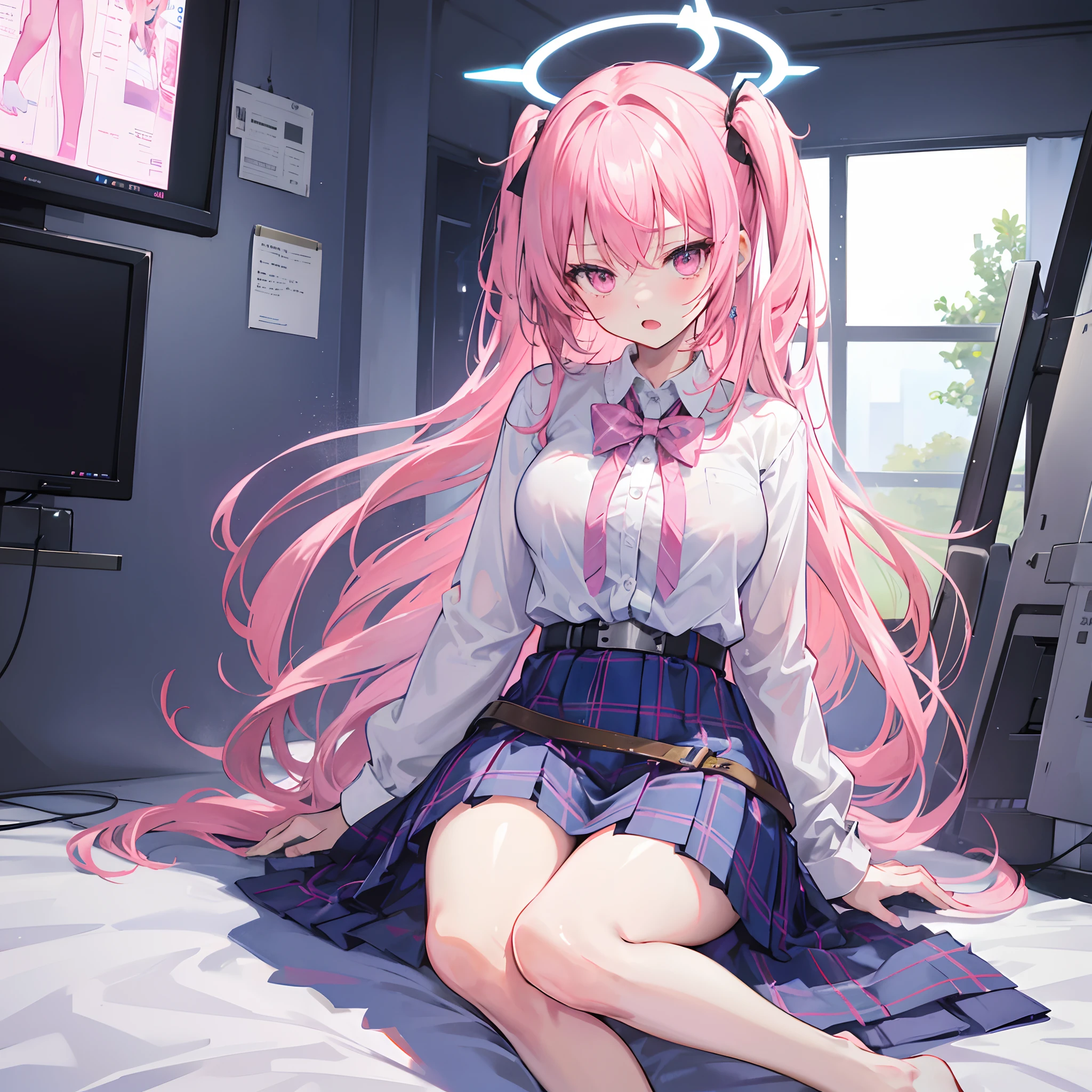 1girll, hoshino (Blue Archive), Solo, Pink hair, Short skirt, Long hair, tiese, ahoge, shirt, Halo, plaid skirts, Pink eyes, tartan, White shirt, Sitting, breast belt, Long sleeves, ID cards, Open mouth,Collared shirt,, foot out of frame, between legs, hand between legs, Blush, hair between eye, A high resolution,Masterpiece, Best quality