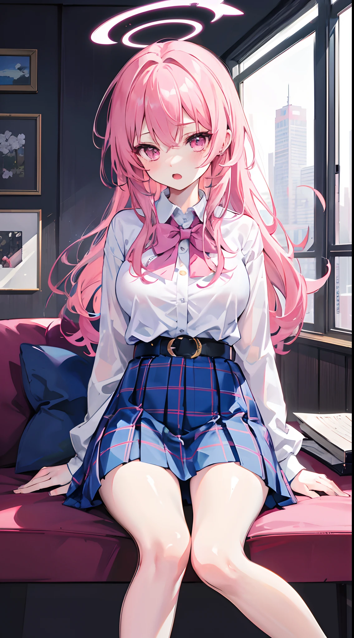 1girll, hoshino (Blue Archive), Solo, Pink hair, Short skirt, Long hair, tiese, ahoge, shirt, Halo, plaid skirts, Pink eyes, tartan, White shirt, Sitting, breast belt, Long sleeves, ID cards, Open mouth,Collared shirt,, foot out of frame, between legs, hand between legs, Blush, hair between eye, A high resolution,Masterpiece, Best quality