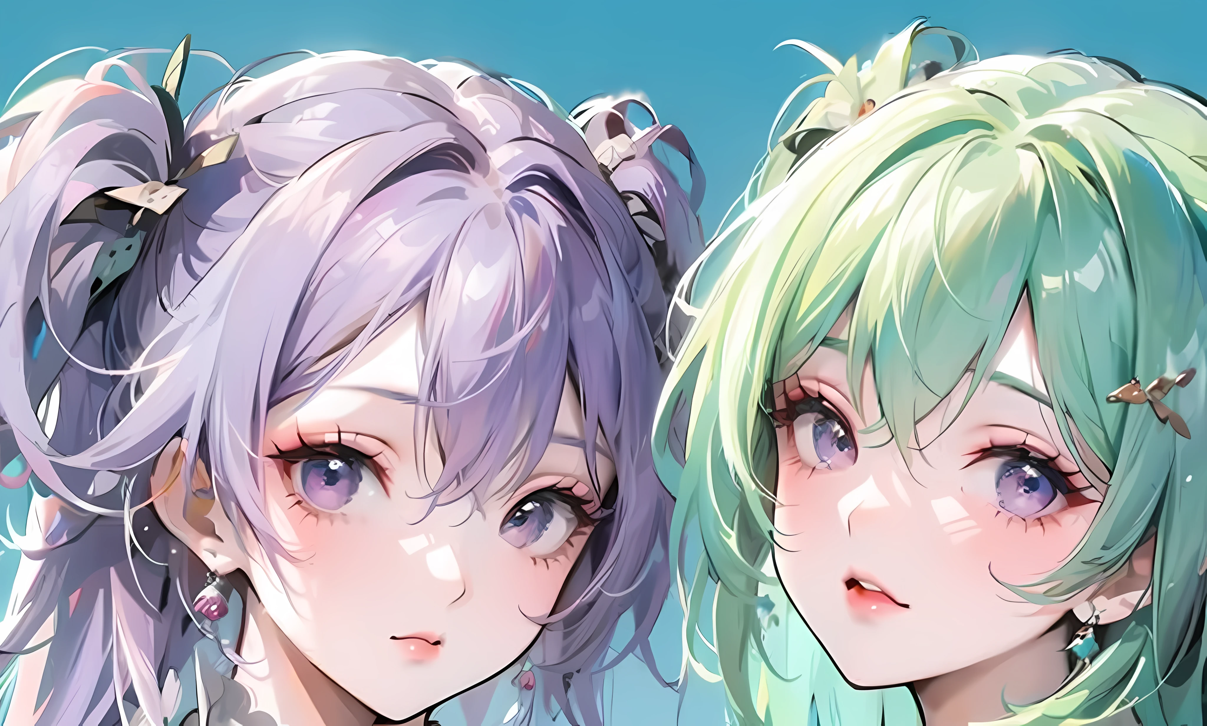 Purple-haired beautiful girl,Beautiful girl with green hair,head,The expression is charming