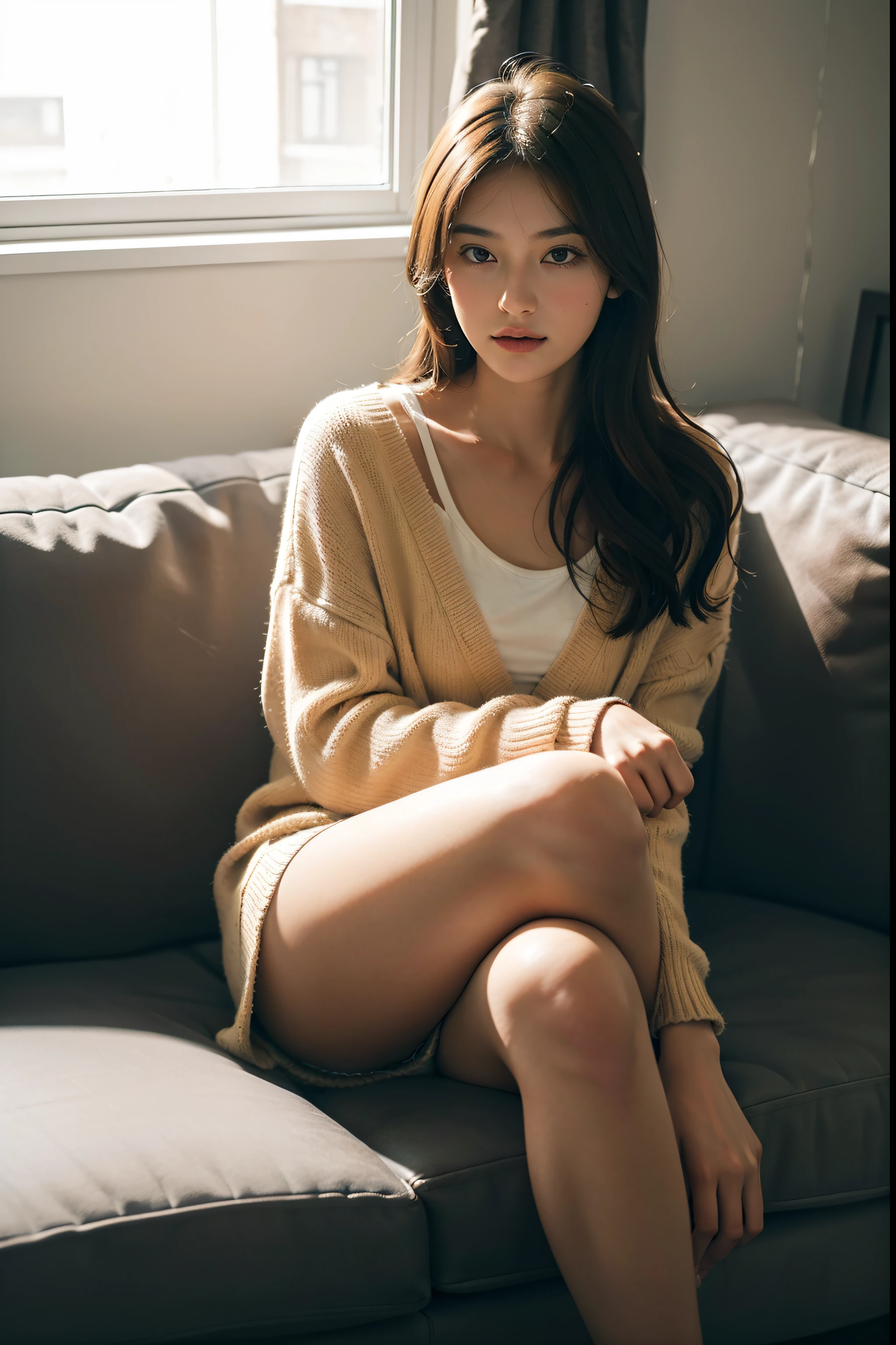 1girl in,Sitting on a cozy sofa,cross one's legs,Soft light