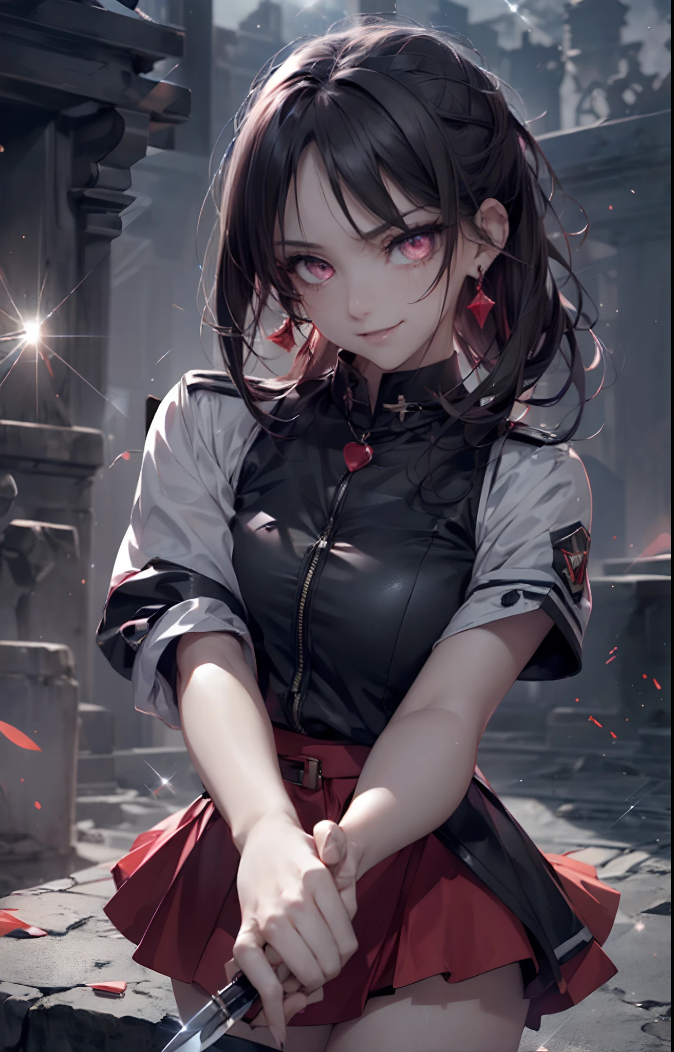 of the highest quality、masutepiece、ultra-detailliert、1womanl、Solo、25-years old、(Jet black uniform:1.3)、(Lens Flare:1.4)、(Angry smile:1.2)、(short twin-tailed black hair:1.2),Forehead, Shiny hair, Delicate beautiful face,  (scary atmosphere:1.2),Looking at Viewer、a red skirt、(Ruby eyes:1.4),(Holding a knife in hand:1.2)、Midnight Ruins,red necklace、red earrings、Dark scenery