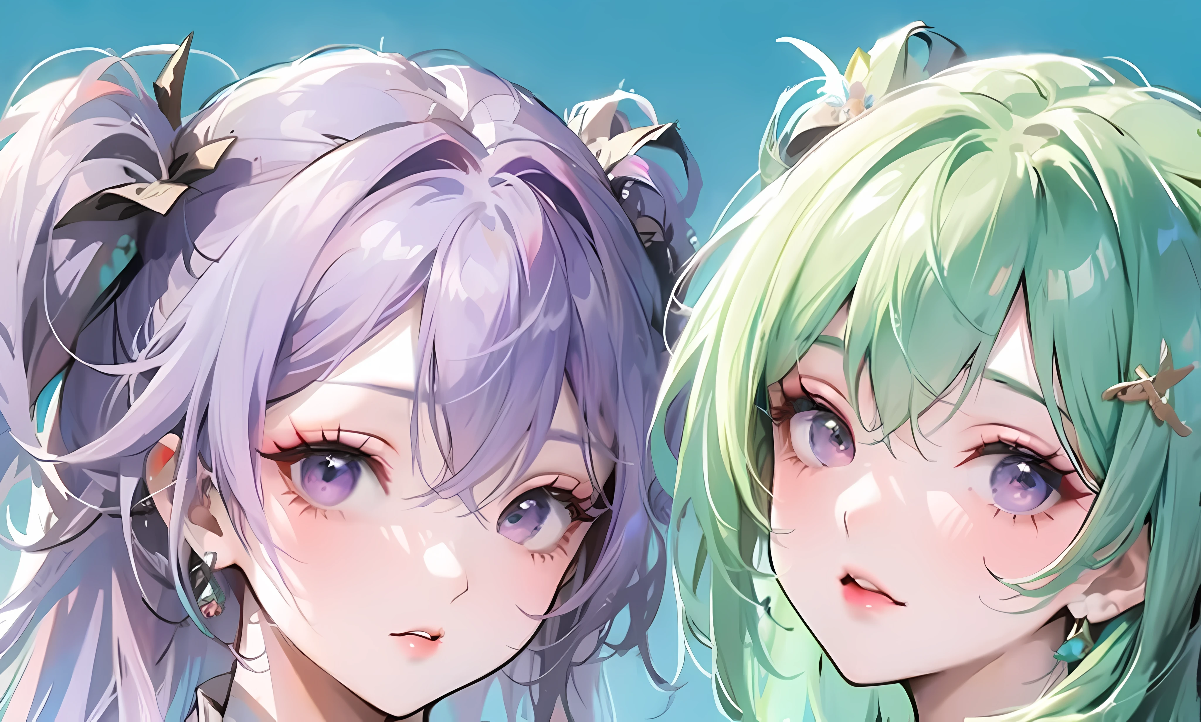 Purple-haired beautiful girl,Beautiful girl with green hair,head,The expression is charming