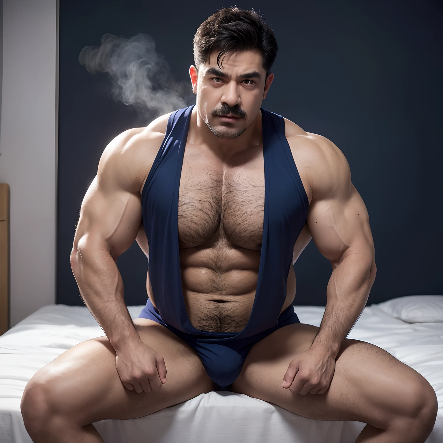 Hulk muscle male uncle，Good-looking，Slightly fat，short mustache，Thick eyebrows，brush cut，There are pectoral muscles，The upper half wears a purple-blue short-sleeved professional shirt，With a wide dark blue tie，The shirt neckline is open，Exposing the pectoral muscles，There are chest hairs on the pectoral muscles，Thighs up，Spread your legs，Butt forward，Expose the footboard，Lie in the steaming room，The whole body is sweaty，The expression is shy