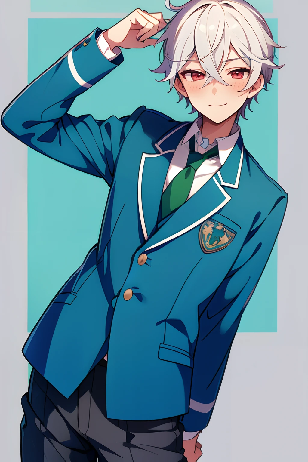 Ensemble stars, green necktie, 1boy, cowboy shot, light blue jacket, smile, blush, school outfit, perfect anatomy, white hair, red eyes, young boy