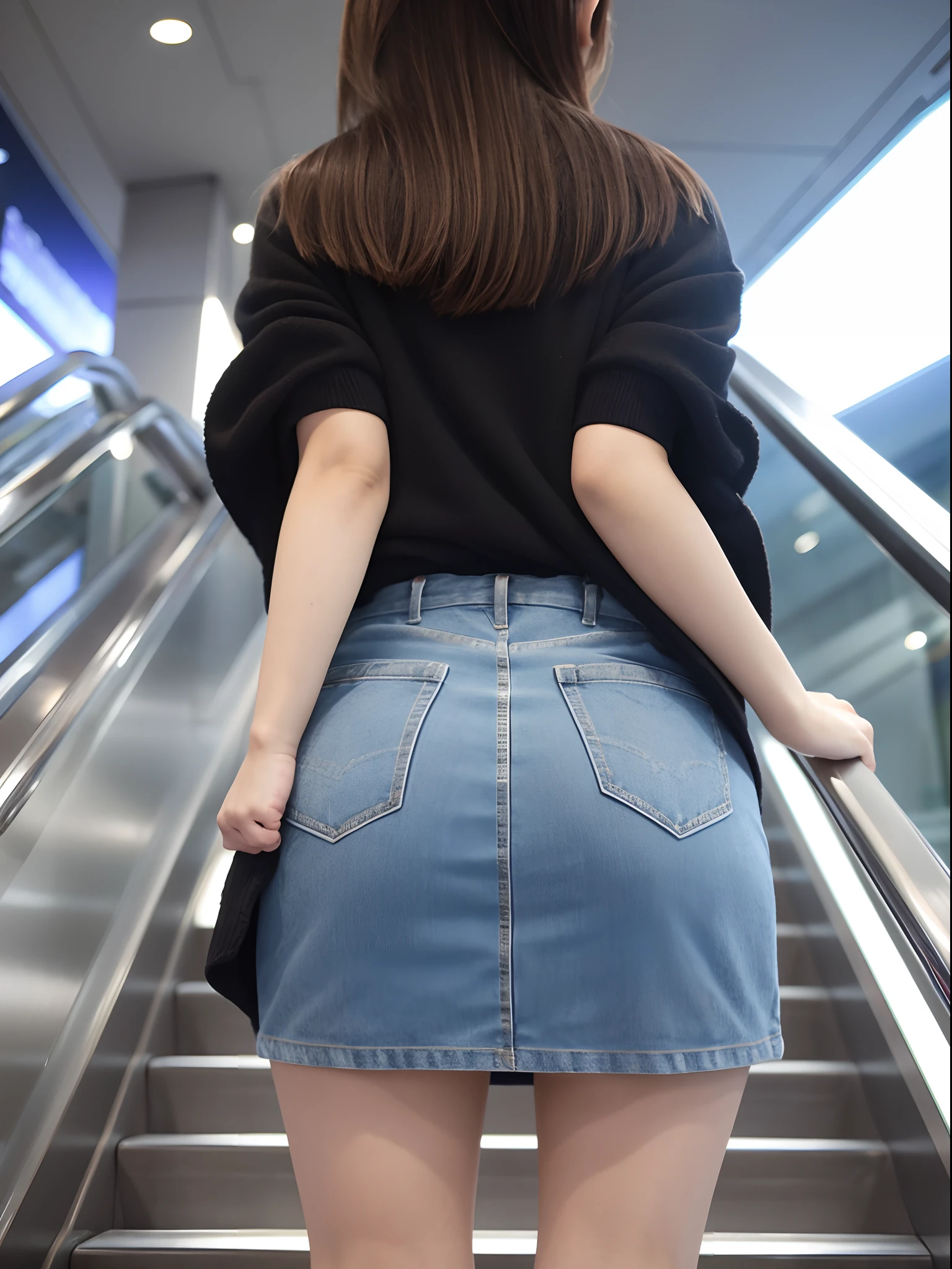 Up Escalator Skirt、short coat、bottom body close up、View from behind、Very low camera angle、Slouched、bent forward、panties in a skirt(Skirt rolled up: 1.5).she turns around and look at cameraman.Perspective looking down on the photographer.The panties inside the skirt are exposed.Detailed facial rendering.Serious expression.