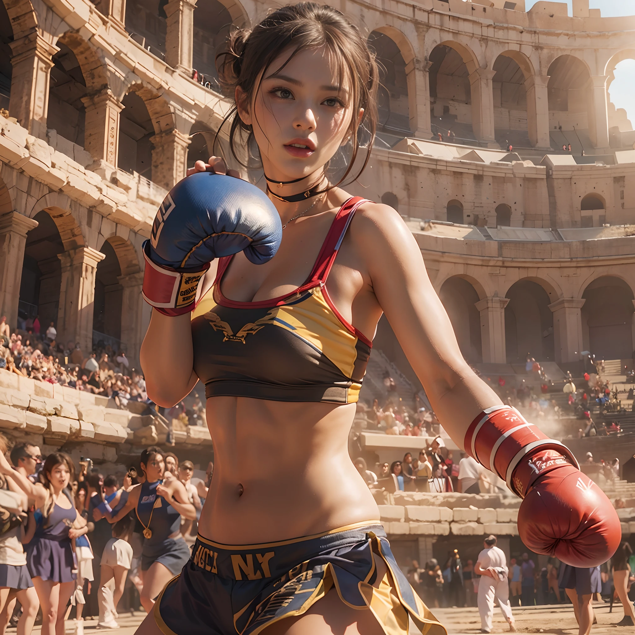 **render**: Boxing Girls, Rendered in highly detailed 4K, Get caught in intense moments at the Greek Colosseum. When she swings her fist, The luster of her skin and her detailed features stand out. The background is vibrant with strong sunlight, Showcase a Colosseum packed with spectators.