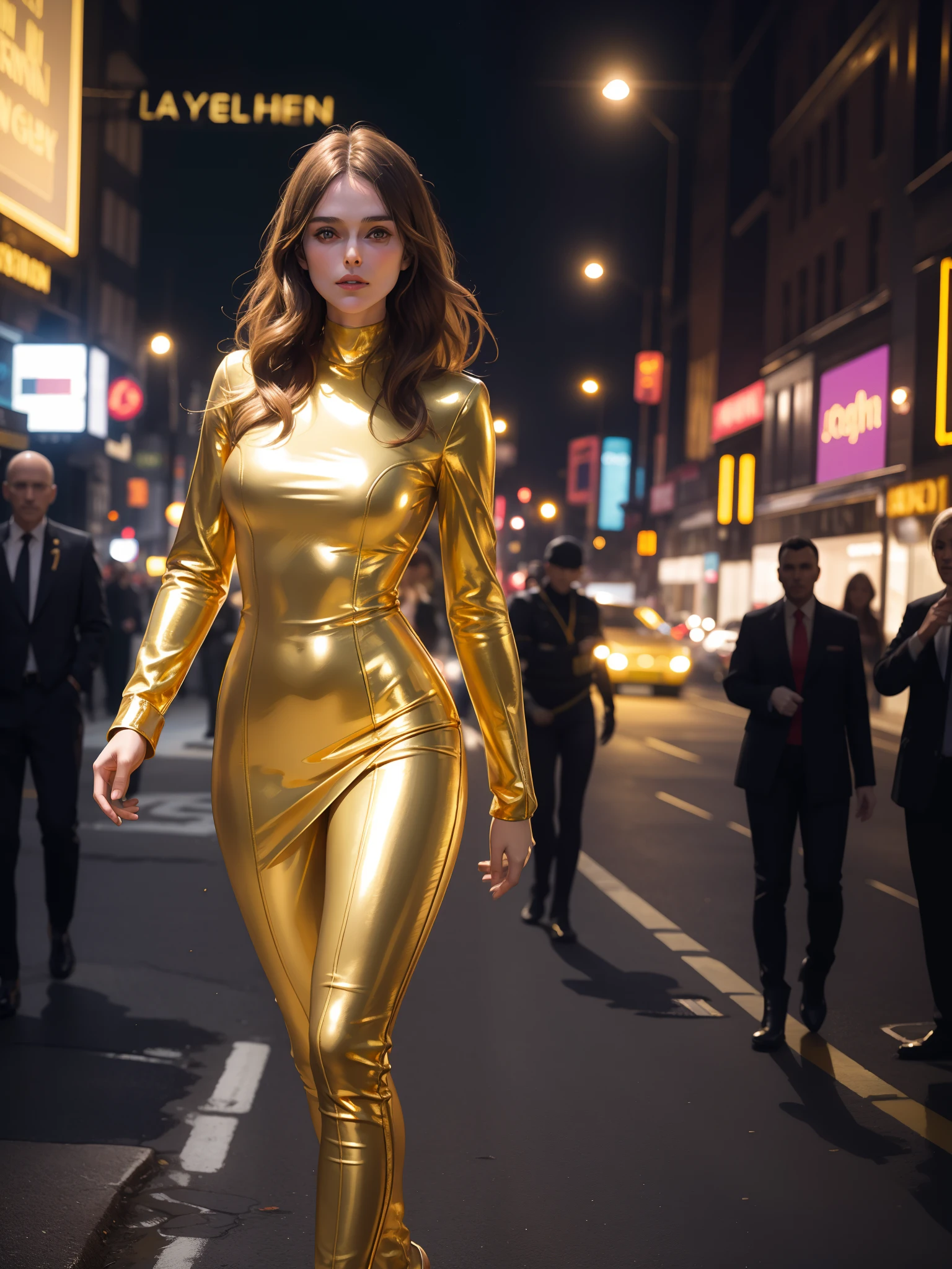 (1 lady), Keira Knightley, beautiful face, gold hair , big boobs,perfect body shape, amazing eyes, wearing latex gold gloves, (gold tight dress +long sleeves, gold tight trousers, gold leather Jacket ), (pantyhose:0.9),model pose, Canon EOS R, deep bokeh, 80mm lens, night city, London Bridge, neon lights, cinematic framing.