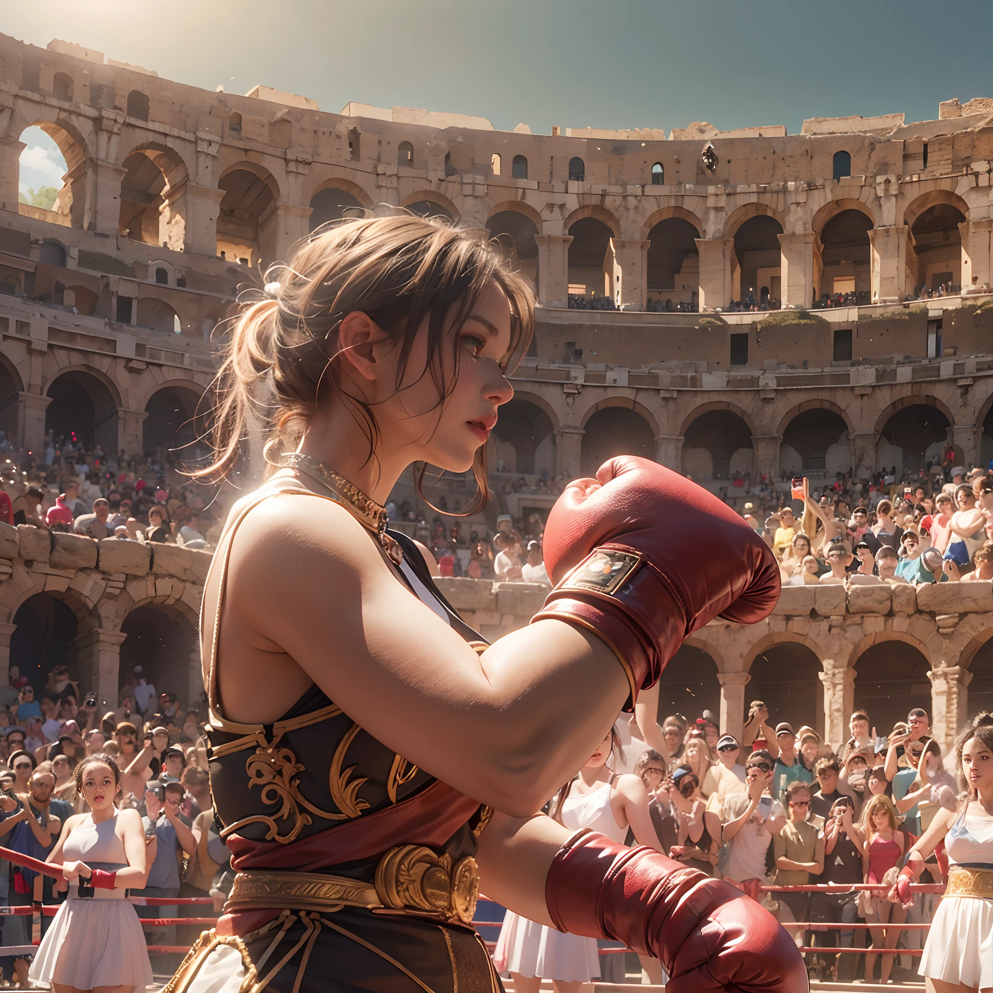 **render**: Boxing Girls, Rendered in highly detailed 4K, Get caught up in intense moments at the Greek Colosseum. When she shakes her fist, The luster of her skin and her detailed features stand out. The background is vivid with strong sunlight, Showcase a Colosseum packed with spectators.