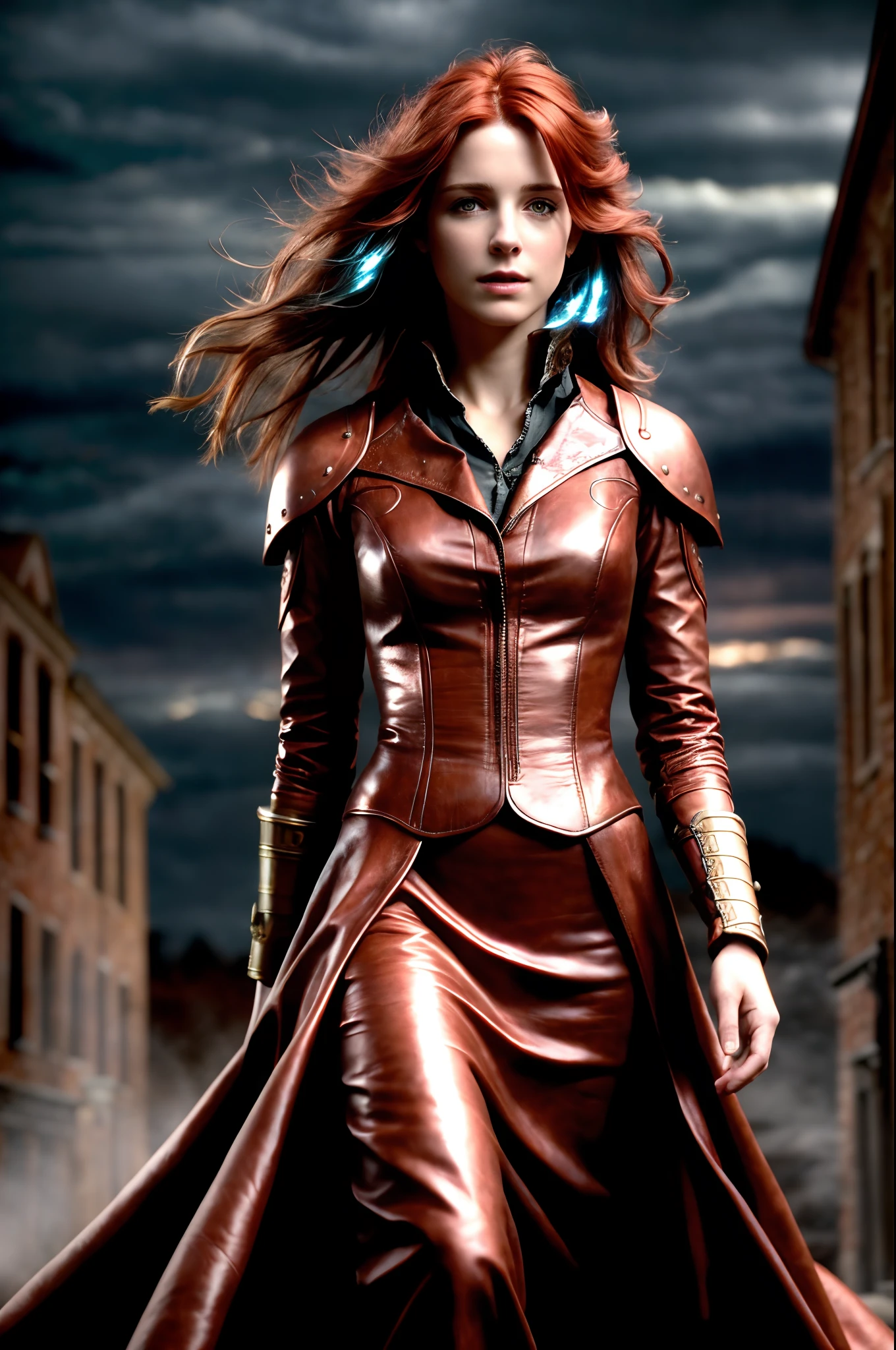 masterpiece, realistic, Photorealistic, ultra detailed, 8K, Raw photo, depth of field, Realistic light, Cinematic composition, skyscape with clouds, nightfall, depth of field, 35 mm, soft steampunk aesthetic, Kate Walker, full length portrait, short windblown skirt, smudge outline, like a "Syberia" game, cute sexy, pleasure, depth of field, (Focus: 1.2), dark atmosphere, cinematic lighting, detailed face and skin texture, fine eyes, copper hair colour, action movie style, faded colours