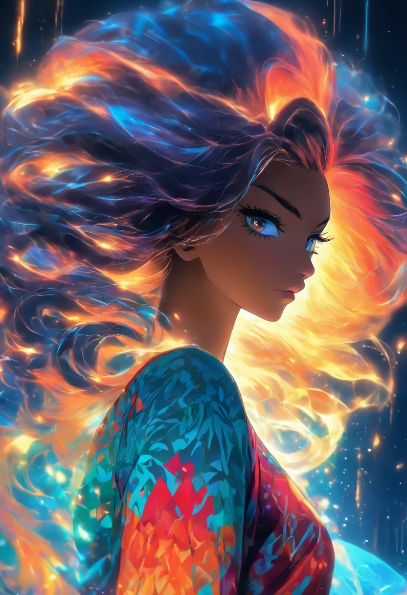 (a lady:1.1) with long flowing hair, (dark and mysterious), against a backdrop of deep black. The woman's hair is (vividly colored), creating a stunning contrast against the dark background. The colors used on her hair can be (bold and vibrant), showcasing the layers and textures of the hair. Additionally, the woman's clothing is (complementarily) adorned with colors that harmonize with her hair, creating an overall captivating effect. The image is of (best quality:1.2), with (ultra-detailed) features and (realistic) rendering, emphasizing the intricate details of the woman's hair and clothing. The art style can be (portraits) to capture the beauty and uniqueness of the woman. The color palette is (distinct and vibrant), accentuating the lively and creative atmosphere. The lighting is carefully crafted to highlight the woman's hair and create a (dramatic) ambiance.