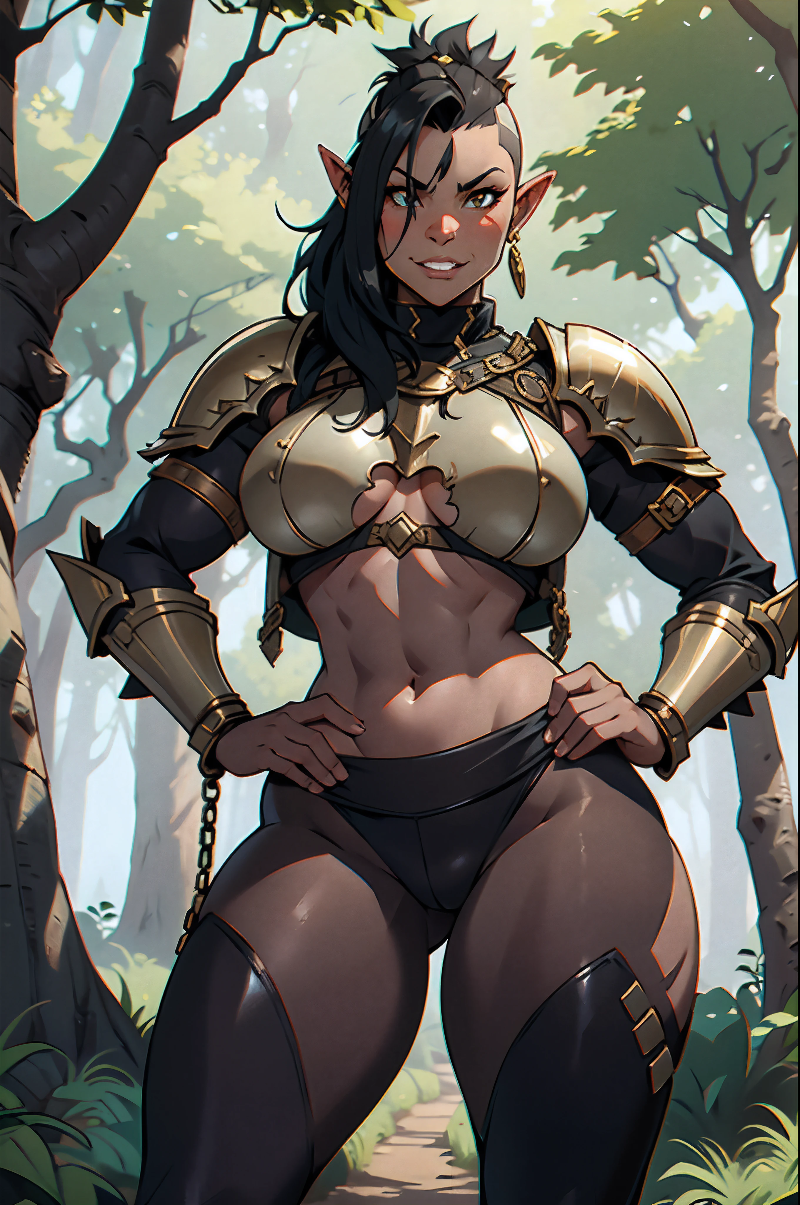 Solo, orc, girl, standing, black hair, muscular, tusks, mohawk, underbite, forest, underboob, teeth, gold armor, chestpiece, knight, thick lips, smirking, tan skin, chainmail, leggings, skintight bottoms