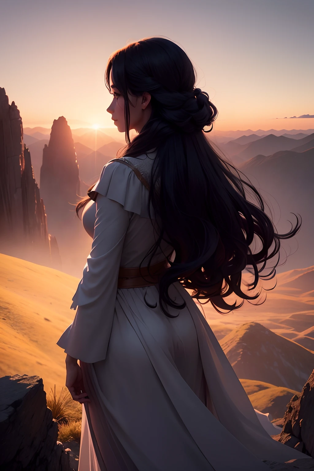 silhouette portrait of a woman, flowing hair,  standing alone on a mountain, watching the sunset, taken from behind, mystical magical fantasy enchanted ethereal, cinematic shot, cinematic scene, stunning, breathtaking, a sense of magic in the air, magical fantasy, diffused lighting