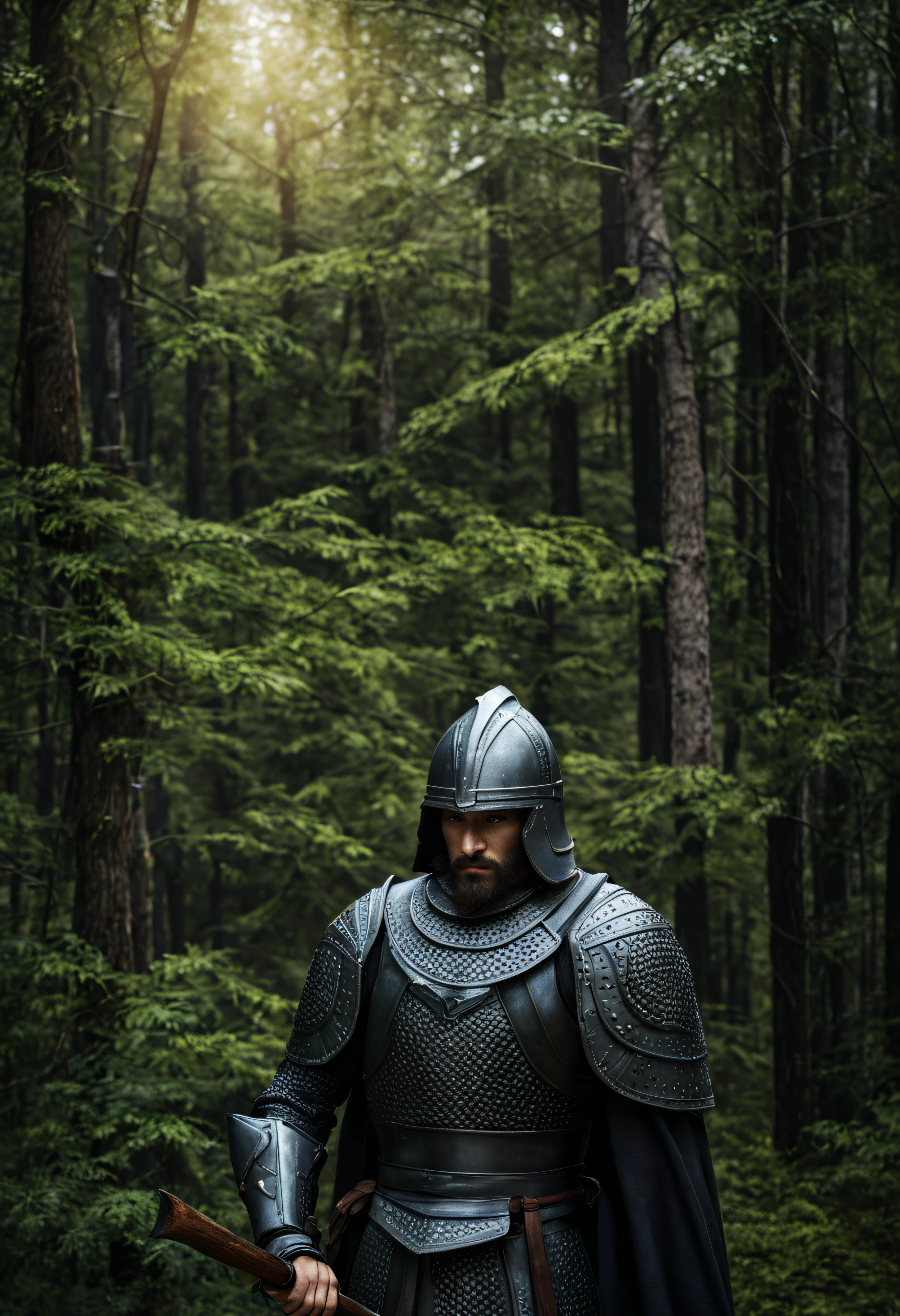 A Slavic knight in the forest, ahoge, raised eyebrows, wolf ears, determined expression, Dutch Golden Age painting, cinematic lighting, social media composition, first-person view, f/4.0, super detailed, best quality, 4k, high-res, masterpiece:1.2, ultra-detailed, realistic:1.37, HDR, UHD, studio lighting, ultra-fine painting, sharp focus, physically-based rendering, extreme detail description, professional, vivid colors, bokeh.