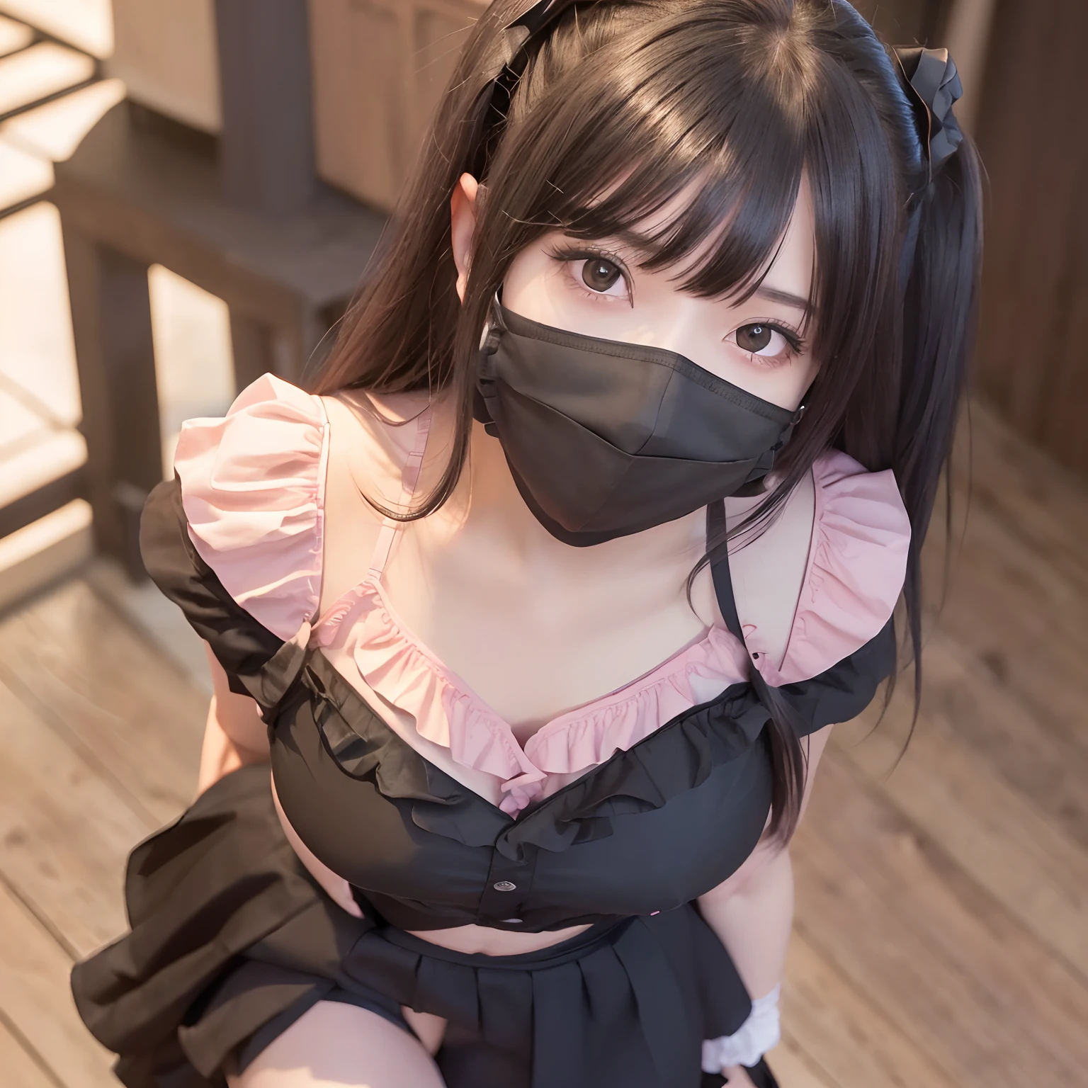 best quality, masterpiece, 1girl, mea, (slender:1.3), medium breasts, (black hair:1.3), long hair, (two side up:1.3), (diagonal bangs:1.3), (detailed brown eyes:1.1), seductive smile, Horizontal view, (pov:1.2), (looking at viewer:1.4), (thighs:1.2), (pink frilled_shirt:1.2), (black high waist skirt:1.2), jirai fashion, (standing:1.3), (black face mask:1.4)