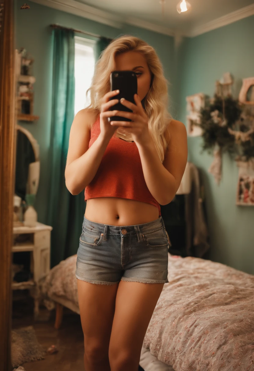 blonde girl taking full body selfie with phone front of a mirror in messy room, huge tits