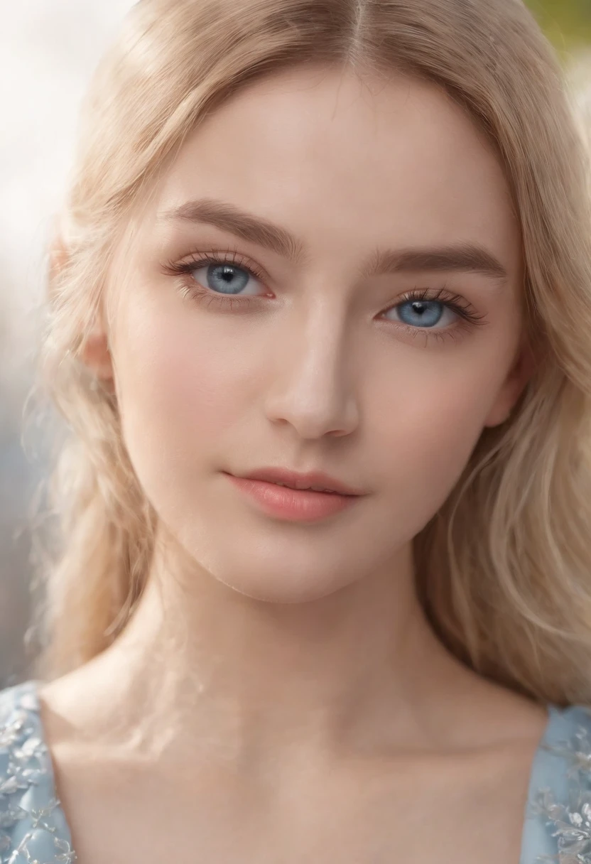 Ultra photo realsisim,Light blue thin long dress,poster for,Hyper-realistic,Hyper Real,Gaze at an 18-year-old girl in the distance,Blonde hair,Sapphire eyes,Delicate facial features1.3,Delicate fingers,The eyes are hopeful,ssmile,(Sunshine 1.5)Super light and shadow,Extreme light chasing,(Delicate skin1.5),Photorealistic photos,closeup cleavage,(Side face telephoto 1.2)