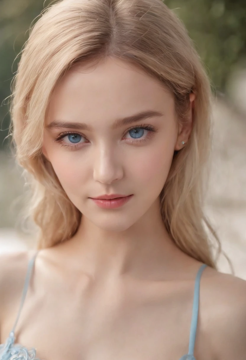 Ultra photo realsisim,Light blue thin long dress,poster for,Hyper-realistic,Hyper Real,Gaze at an 18-year-old girl in the distance,Blonde hair,Sapphire eyes,Delicate facial features1.3,Delicate fingers,The eyes are hopeful,ssmile,(Sunshine 1.5)Super light and shadow,Extreme light chasing,(Delicate skin1.5),Photorealistic photos,closeup cleavage,(Side face telephoto 1.2)