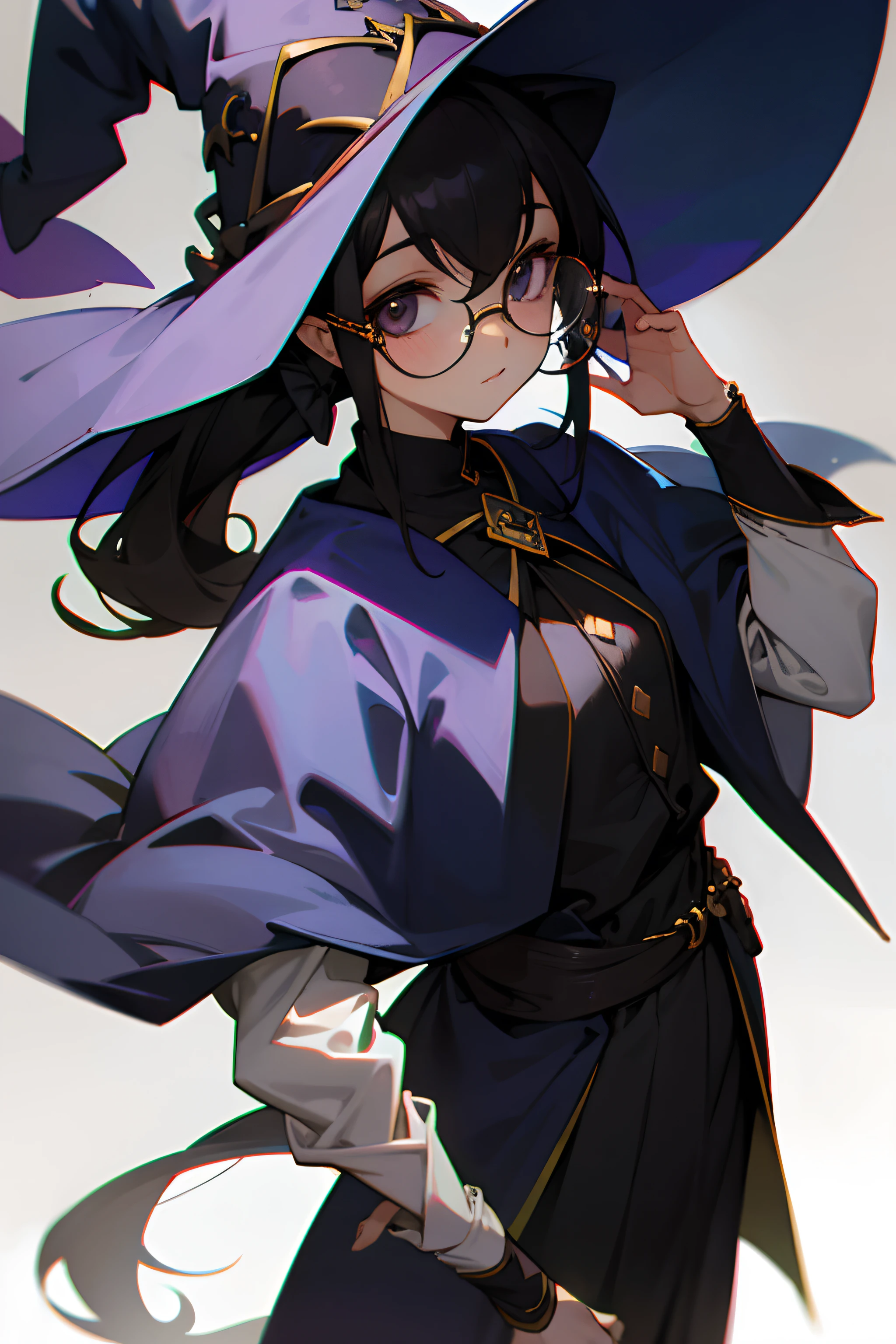 femele、wears glasses、A dark-haired、poneyTail、witch outfit