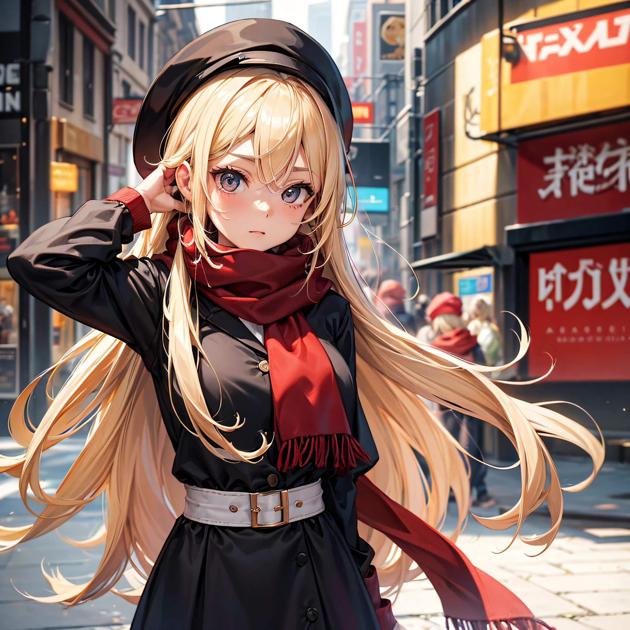 Caucasian Woman, Blonde hair, Cute, Black hat, red scarf, I'm in a lot of trouble,Holding your head