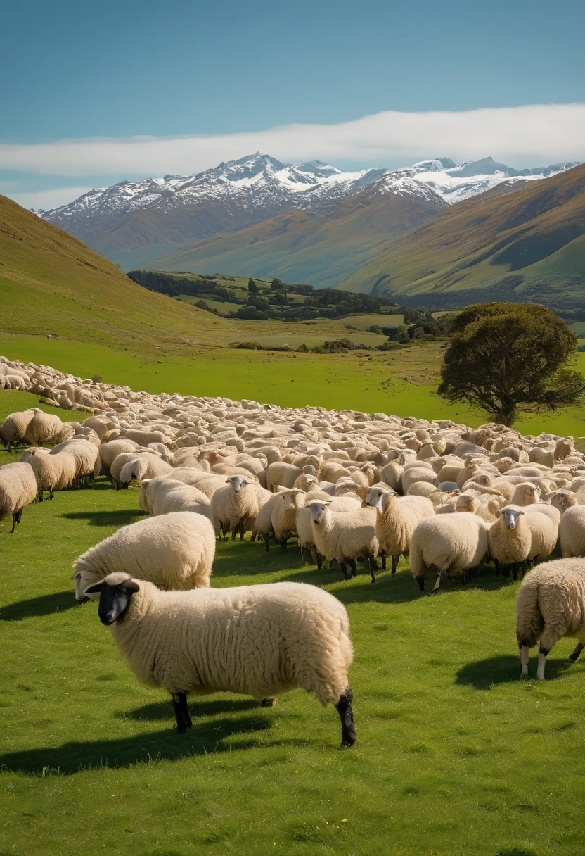pecora,A flock of sheep,Green meadow,White cloudless sky,new zealand,4K,k hd