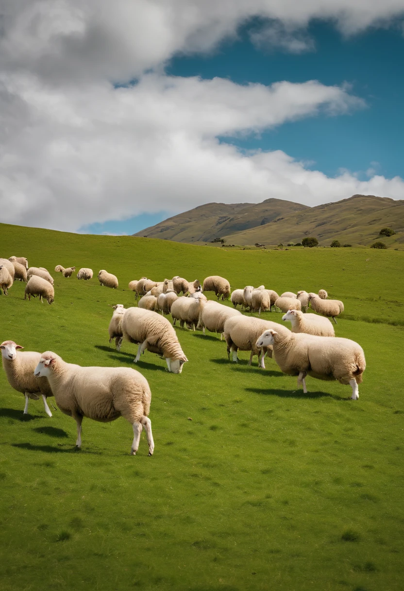 pecora，A flock of sheep，Green meadow，White cloudless sky，new zealand，4K，k hd
