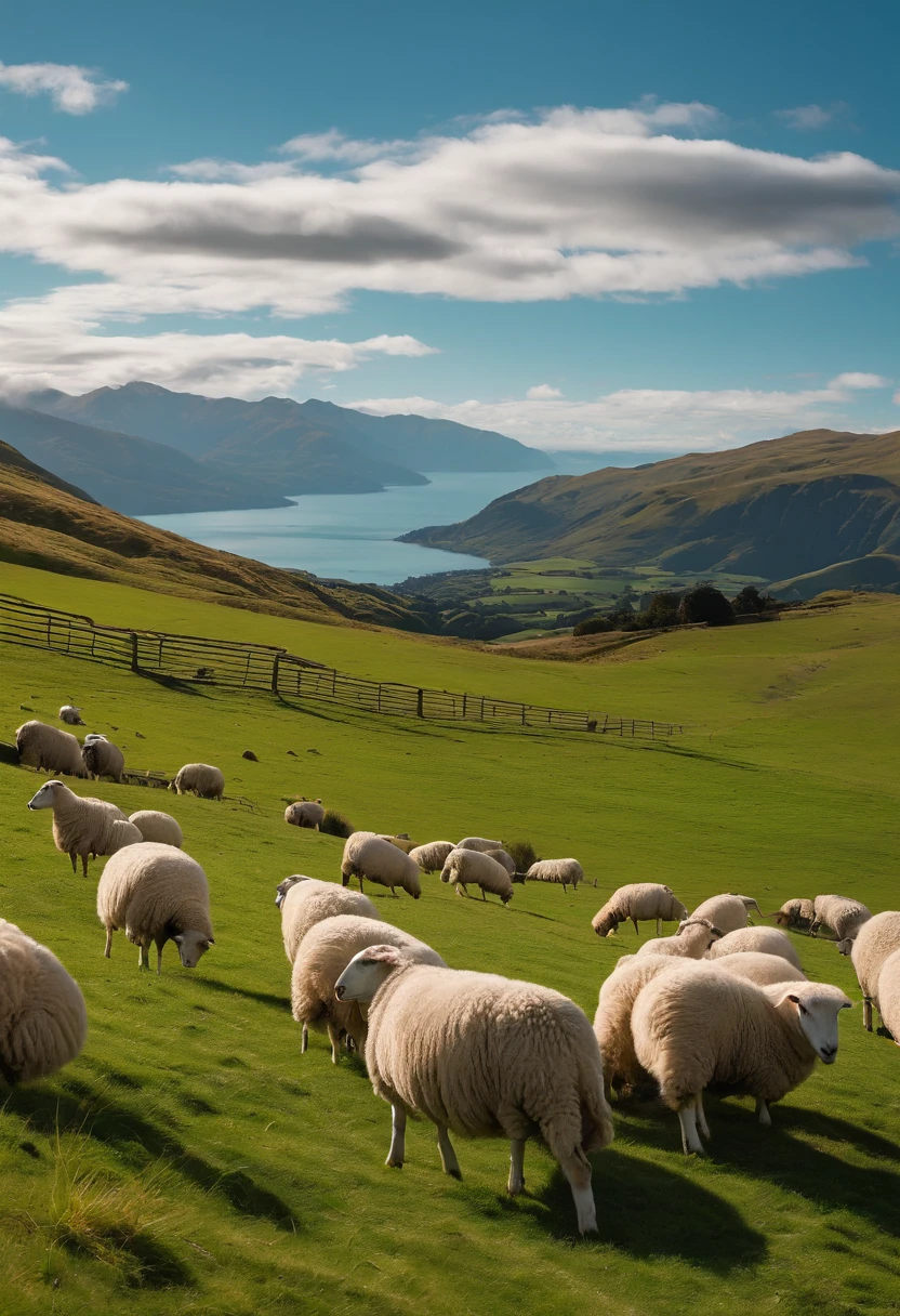 pecora,A flock of sheep,Green meadow,White cloudless sky,new zealand,4K,k hd