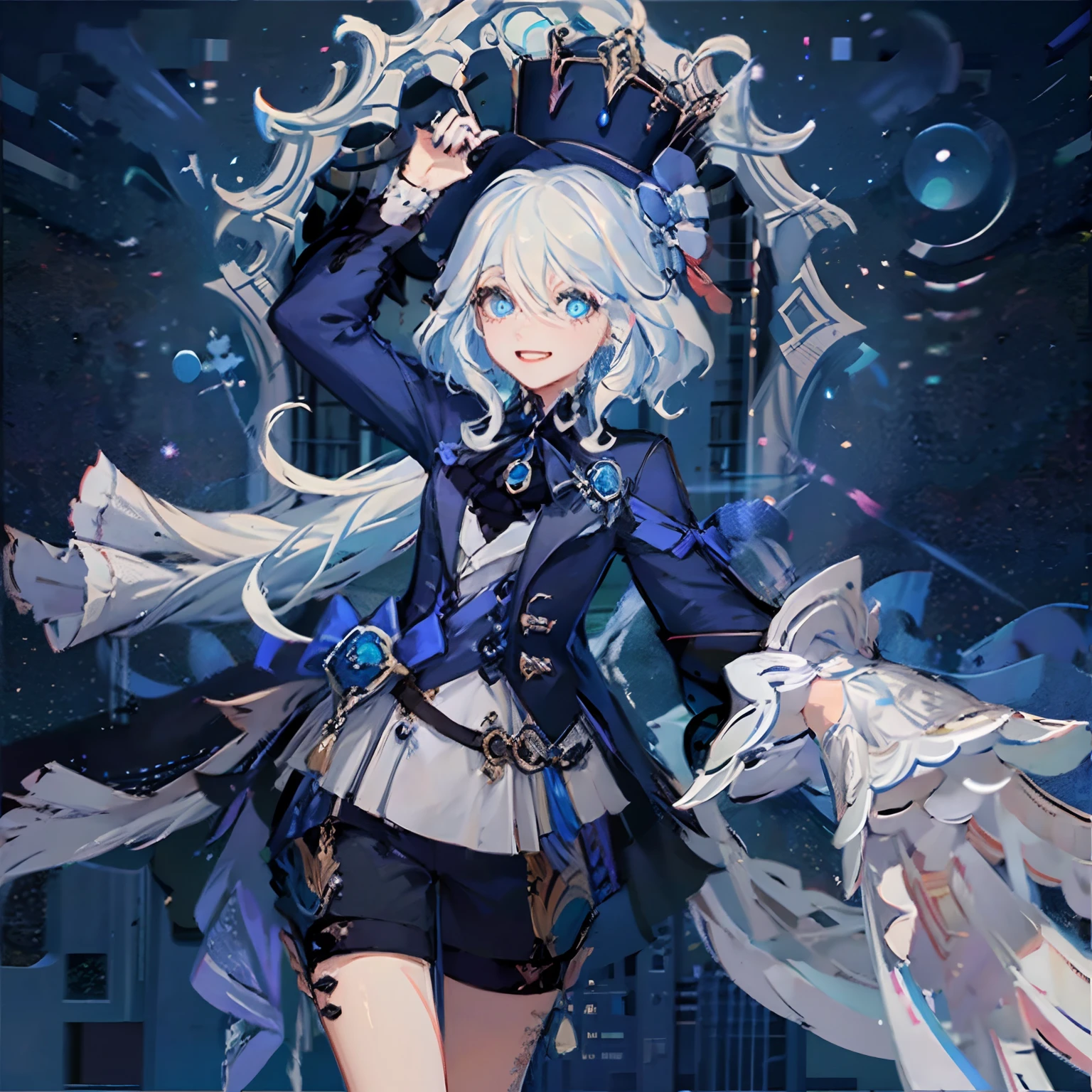 masterpiece, best quality, {best quality}, white hair, blue hair, water, grin, 1girl, tear shaped pupils, cute