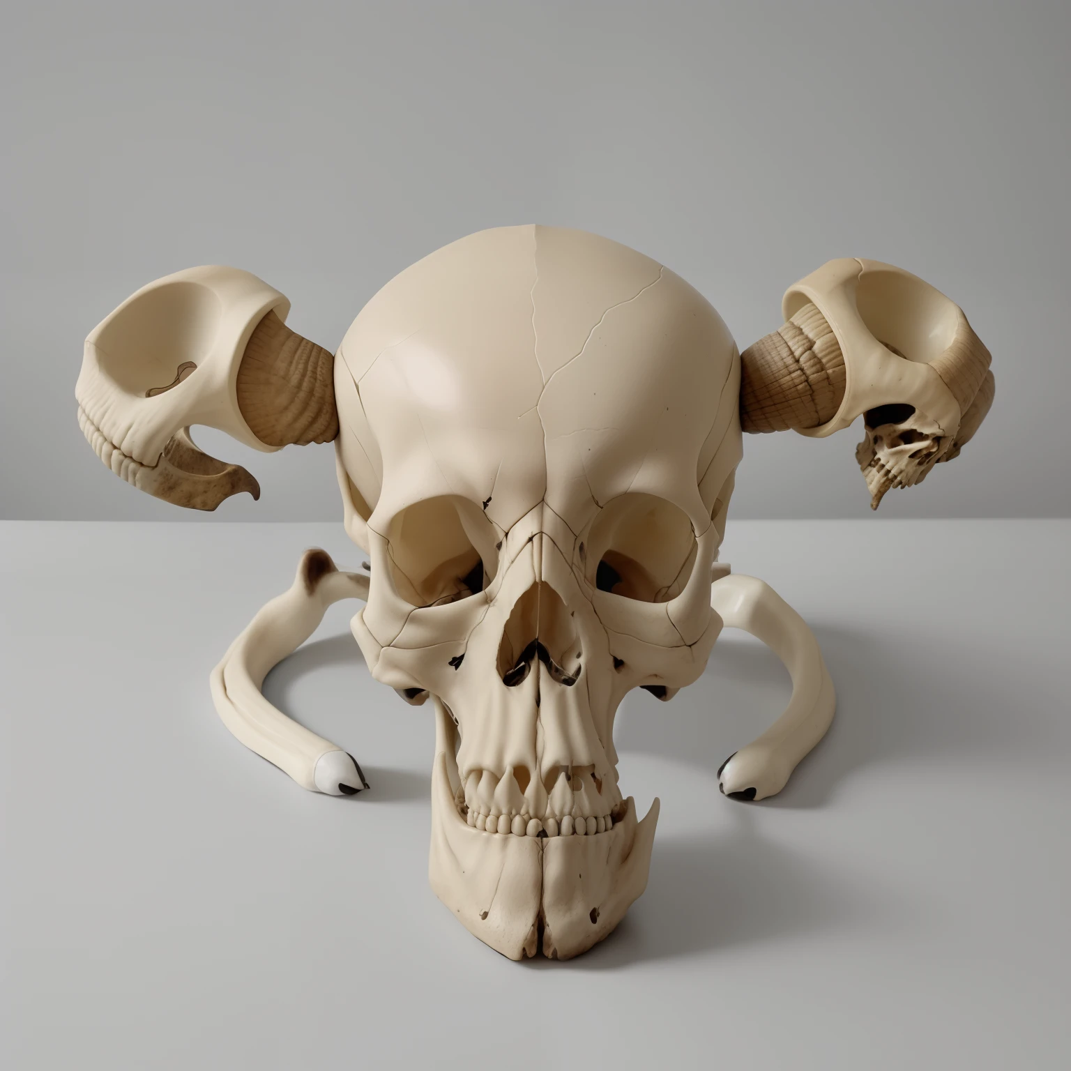 there is a skull with two horns and a skull with a skull ring, there is a skull over a table, anatomically correct skeleton, skull protruding from face, human skull, skull, skulls are lying underneath, ((skull)), skull bones, a skull of an alien creature, skeletal, ram skull, emil melmoth, skull head cow 🐄 head