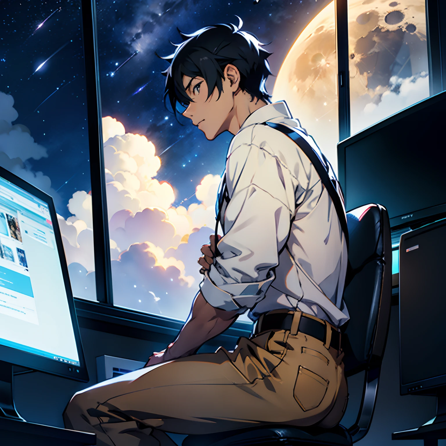 Shinkai Makotokaze,Black-haired boy,Sitting back view,In front of two monitors,Profile not visible,Moon, stars and clouds outside the window