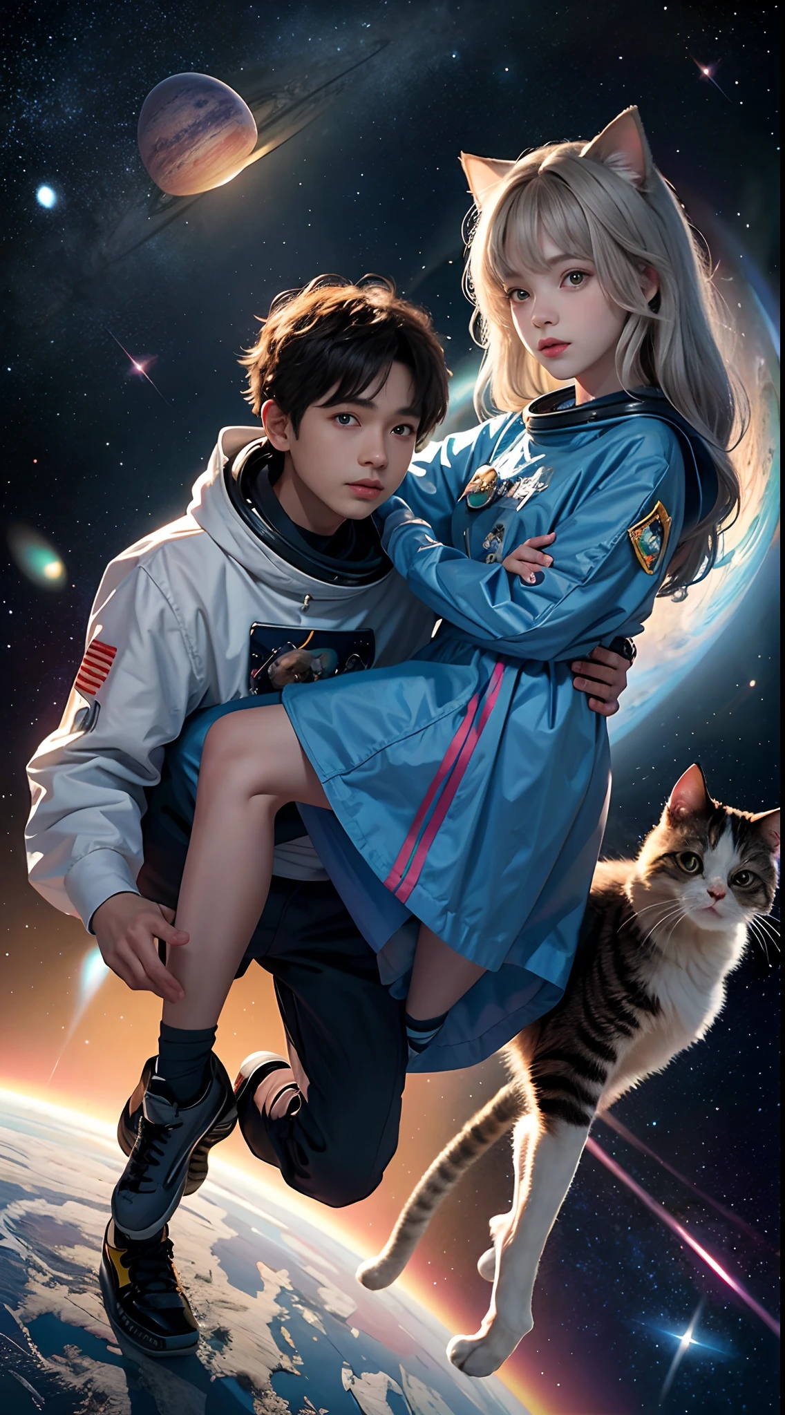 Cartoon illustration of a boy and girl in space with a cat, official fan art, in the universe, kittens in outer space, In outer space, In deep space, in a galaxy, Deep Space Exploration!!!, Space travelling, Wear on the stars and planets, Outer space, Outer space, cosmic starry sky, in the universe, Official art, spaces, in spacecraft, Colorful, Cute, more detailed, light, More realistic, cartoon