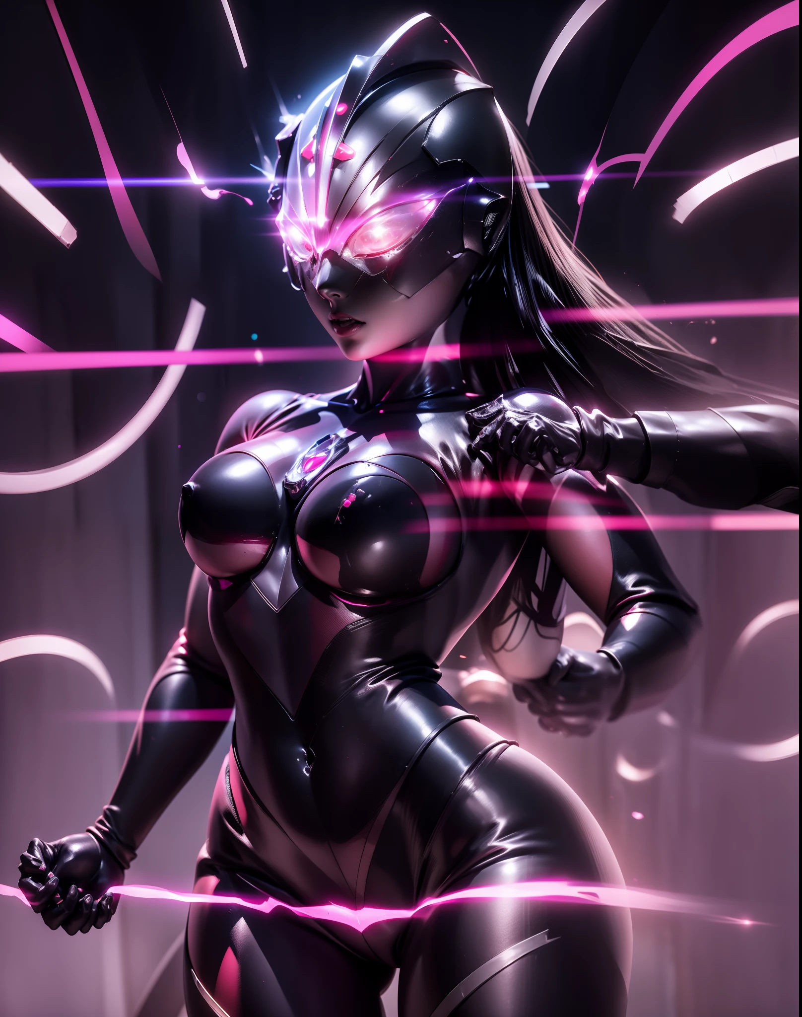 Ultraman Woman, （High quality）（The sheen）Covering her naked face with a black mask, Female Solo, Alien eyes shine。The whole body is covered with a black bodysuit, One female protagonist, Pink lines all over the body, Dark background,