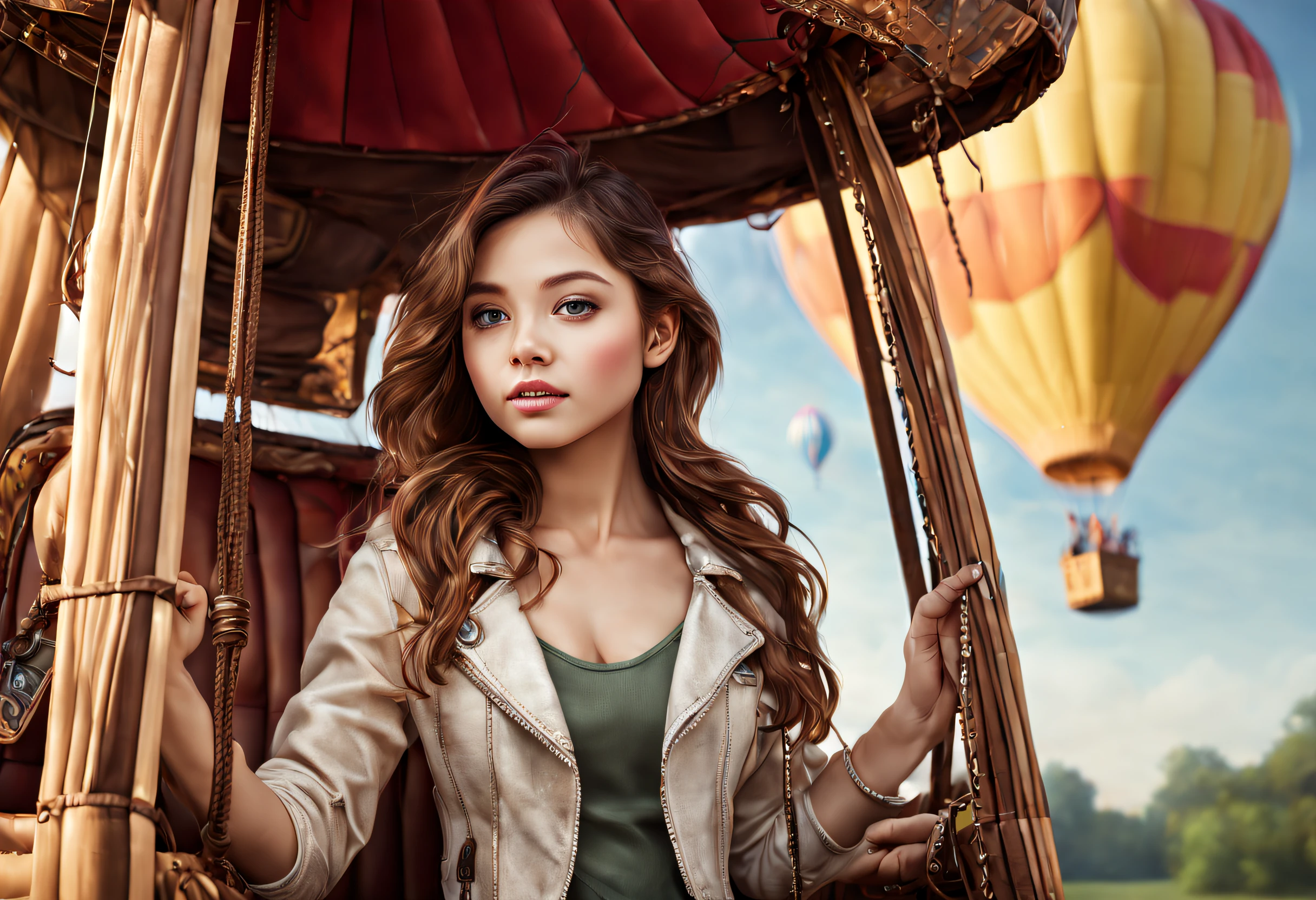 (best quality, 4k, 8k, high resolution, masterpiece: 1.2), ultra detailed, (realistic, photorealistic, photorealistic: 1.37), (a beautiful girl inside a hot air balloon: 1.32), high resolution, intricate details, lighting magical Professional photography in wide angle format to capture the entire scene.