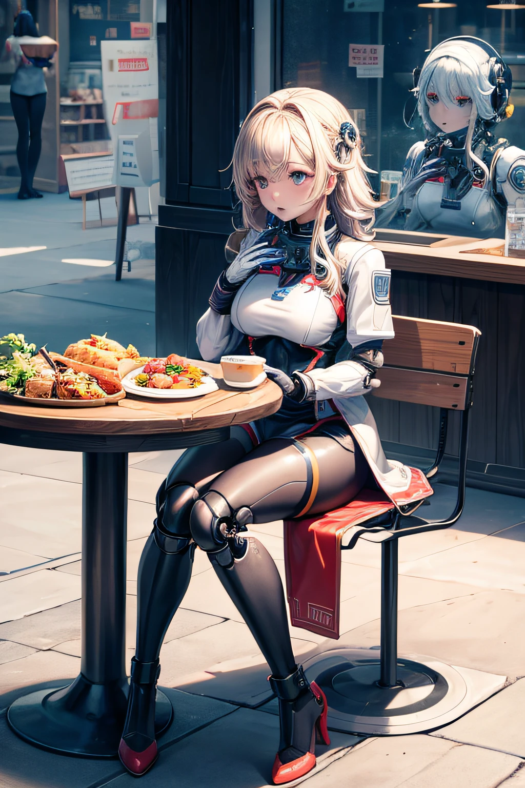 Hold out the food by hand「Hmm」A female robot calling out to the other party　The head remains human　The whole body is a machine　There is a table in front of you and food on top.　Full body like
