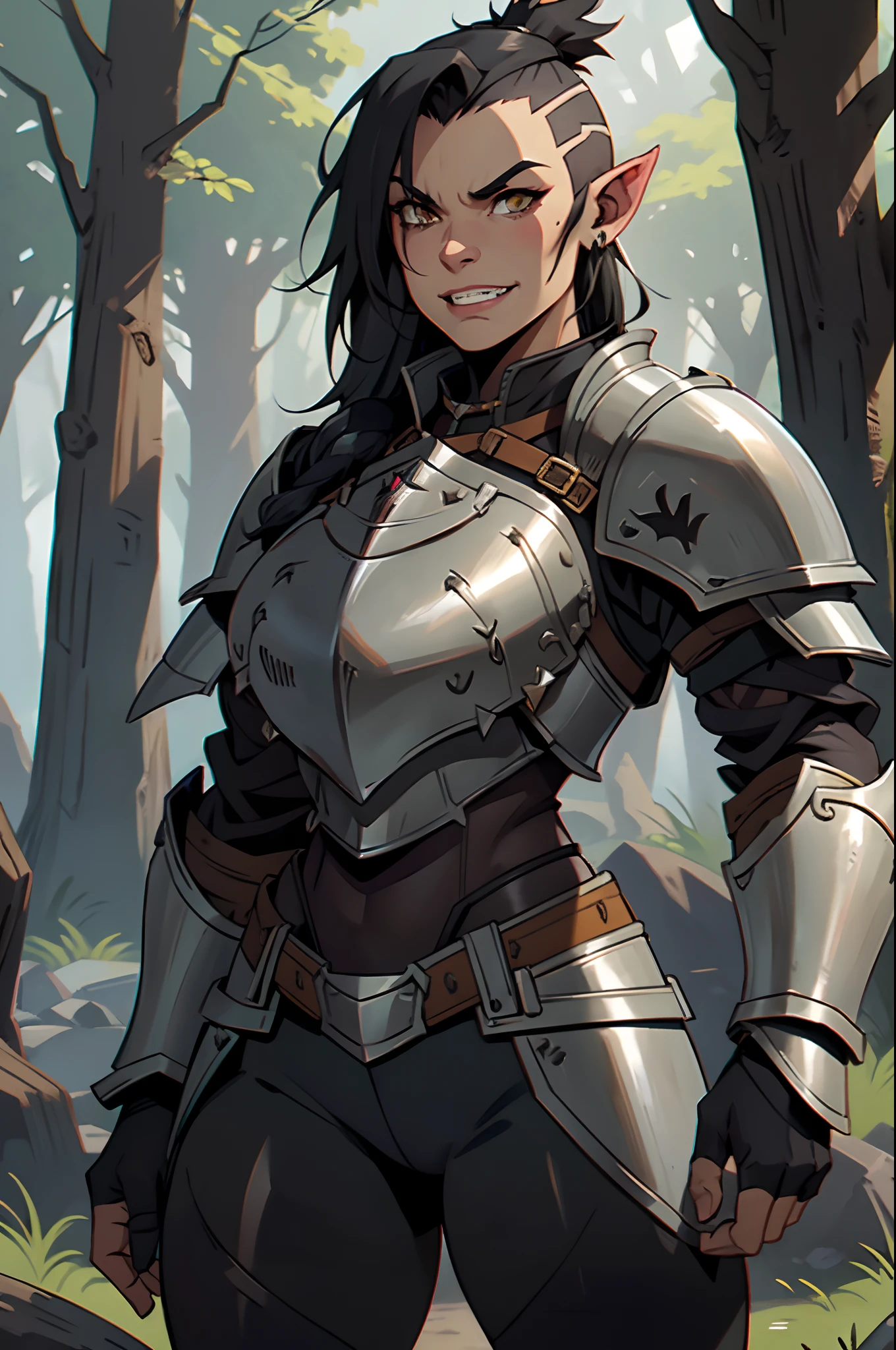 Solo, orc, girl, standing, black hair, muscular, (tusks, mohawk, underbite), forest, teeth, ((armor, chestpiece, knight)), thick lips, smirking