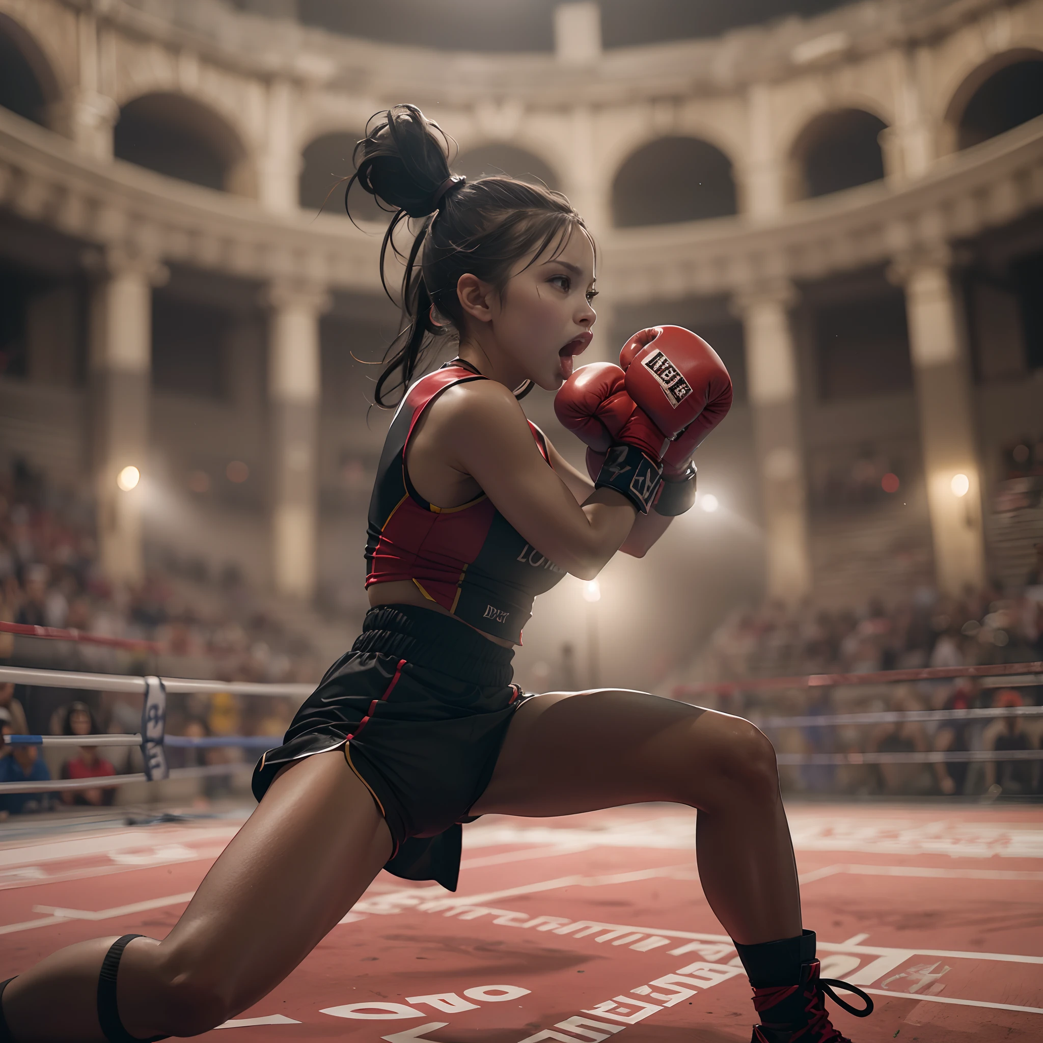 **Render**: Inside a sunlit Greek colosseum, an 8K, ultra-detailed CG image captures a boxing girl in the heat of a match. With a high ponytail, glossy skin, and athletic shorts, she exemplifies perfection in every detail. Her scream resonates as she lunges forward with a punch, capturing the attention of the overflowing crowd in the background. The realistic lighting highlights her sweat and the muscle definition on her abs and limbs.