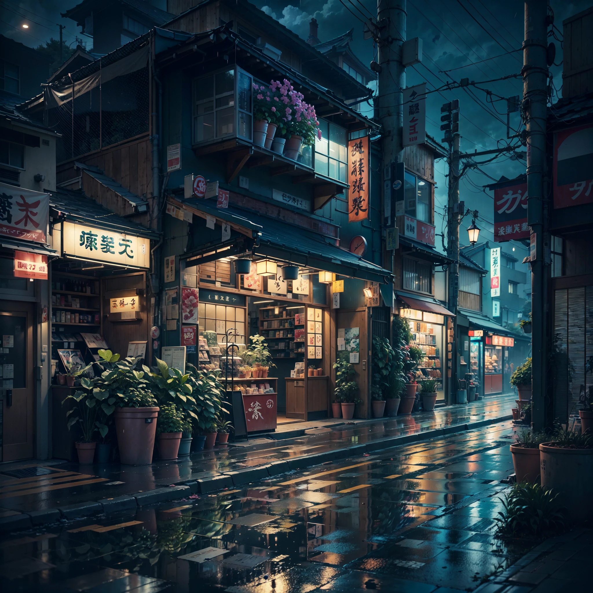 anime background, anime wallpaper, anime scene, anime scenery, anime style, anime vibe, anime, japan, high details, best quality, masterpiece, tiny details, high detail, many details, sparkle, super detail, narrow japanese urban street, japanese shop signs, japanese signs, japanese banners, banners, plant pots, plants, trees, grass, cobble path, trash cans, nigh time, dark, street lights,, (realistic,photorealistic:1.37), narrow anime street, urban, compact, japanese convience store, glass windows, shop signs, billboards, street lights, street lamps, night time, dark, midnight, (best quality,4k,8k,highres,masterpiece:1.2),ultra-detailed, lofi, lofi vibe, lofi stlye, night time, dark, dramatic weather, raining, heavy rain, puddles, rain drops, modern japanese architecture, no one in sight, (no one: 1), Conceptual art, anime, anime style, sparkle, glowing light, reflection light, cinematic lighting, UHD, masterpiece, super detail, high details, high quality, best quality, highres
