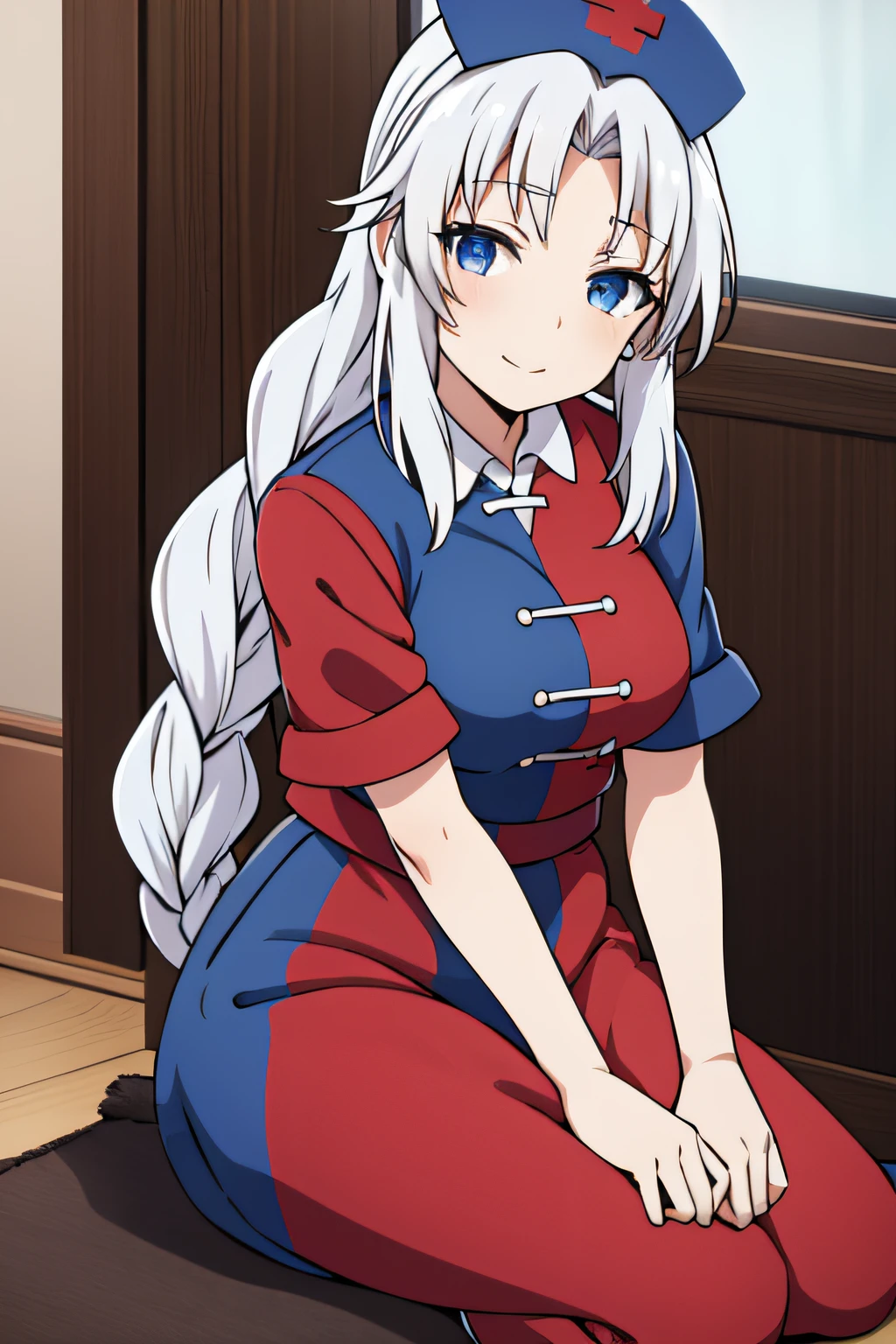 yagokoro_eirin, nurse cap, long hair, braid, blue eyes, white hair, multicolored clothes, multicolored dress, short sleeves,