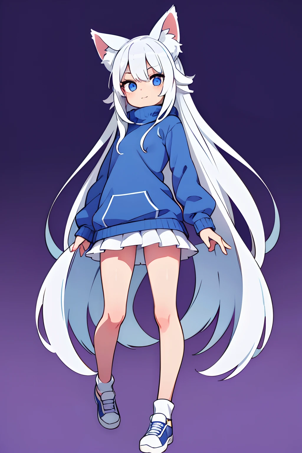1girl, long white hair, blue eyes, wearing only blue sweater, fox ears , absurdres, high res, ultrasharp, 8K, masterpiece, small, full body , chibi , cute , happy, looking at viewer, light purple background