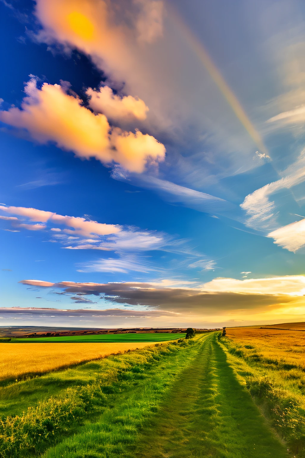 steppe landscape，blues sky and clouds,  green forest, Dingdall effect，a country road，Colorful hot air balloons，high quality desktop wallpaper, verdant forest, detailed fields nature, beautiful english countryside, Stunning landscape, Rolling hills, Landscape wallpaper, lush countryside, Patches of green forest, breathtaking landscape, green fields in the background, High quality wallpaper, Beautiful wallpaper