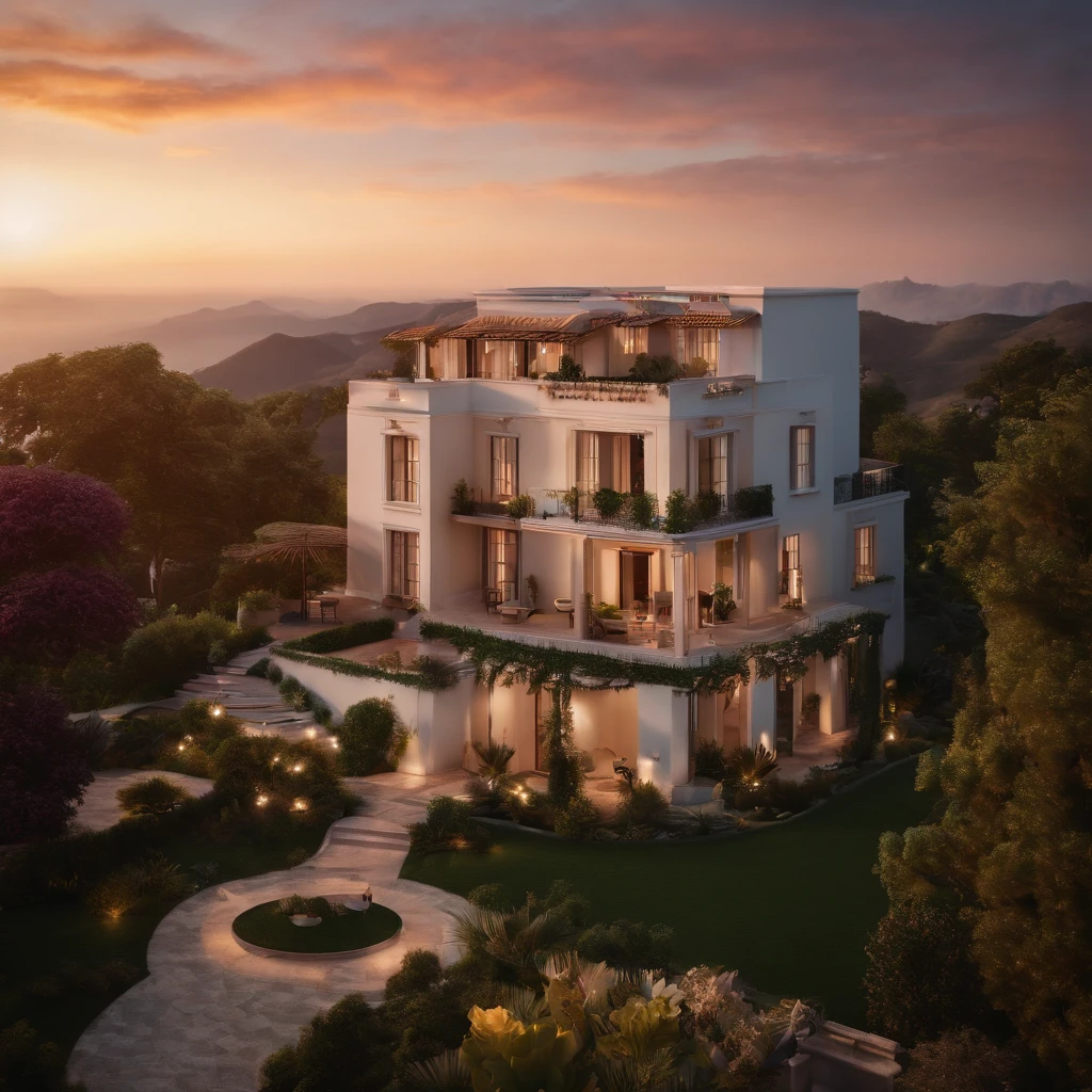 Create a perfect villa. It is on top of the mountiant and has beautiful view at most beautiful sunset ever. The sky is full of beautiful colours. House is big with a big swimming pool and beautiful garden. Make it ultra realistic