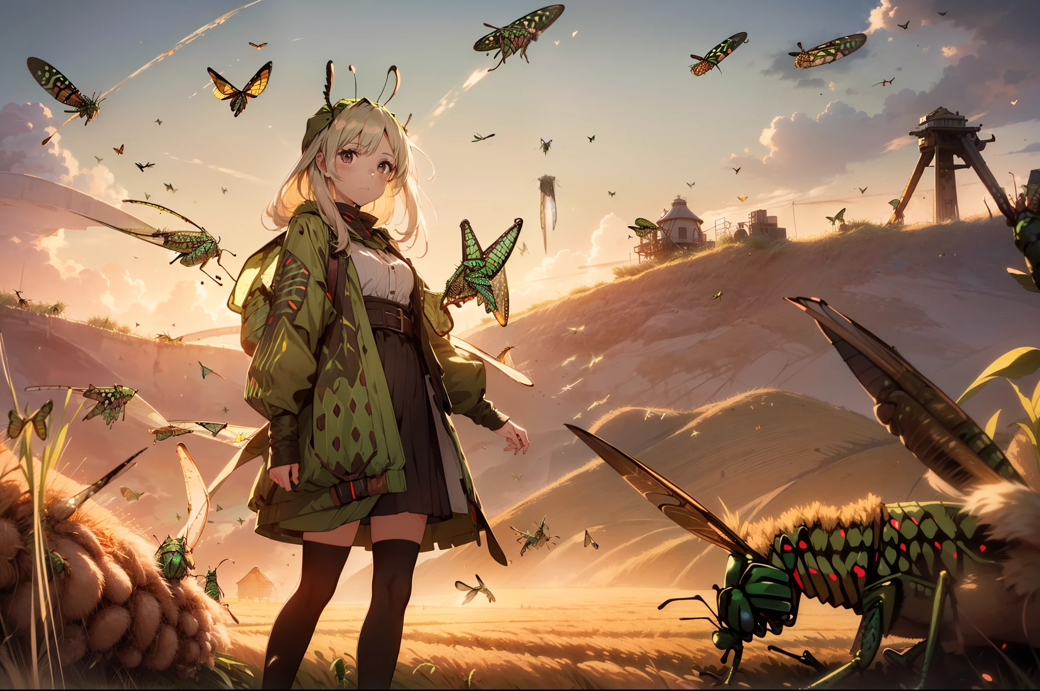 1 girl, standing in wheat field , (((((many grasshoppers ))))), cowboy shot ,high resolution,(incredibly absurdres), (hires.fix:1.3),anime visual,extremely detailed CG unity 8k wallpaper, ((masterpiece)), ((top-quality)), (beautiful illustration,background Tento), ((an extremely delicate and beautiful))