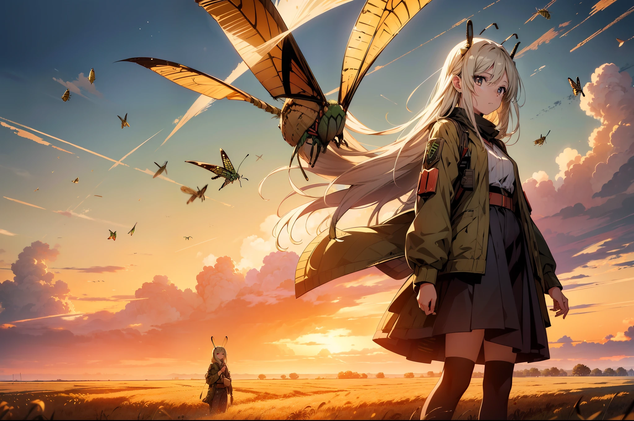 1 girl, standing in wheat field , (((many grasshoppers ))), cowboy shot ,high resolution,(incredibly absurdres), (hires.fix:1.3),anime visual,extremely detailed CG unity 8k wallpaper, ((masterpiece)), ((top-quality)), (beautiful illustration,background Tento), ((an extremely delicate and beautiful))