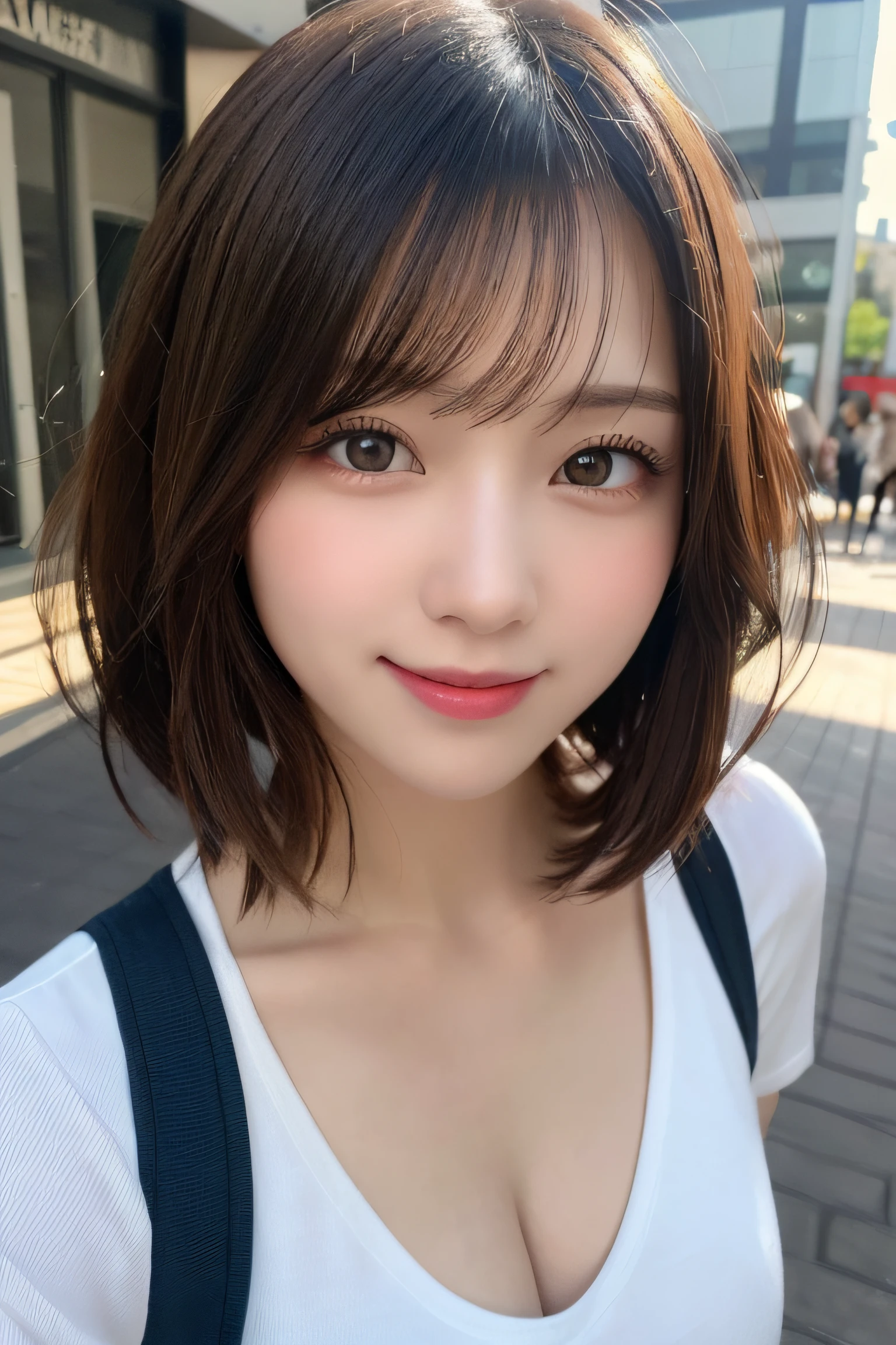 masutepiece, Best Quality, Illustration, Ultra-detailed, finely detail, hight resolution, 8K Wallpaper, Perfect dynamic composition, Beautiful detailed eyes, Women's Fashion Summer,Short bob hair,Small breasts natural color lip, Bold sexy poses,Smile,Harajuku、20 years girl、Cute、Sexy shot looking at camera