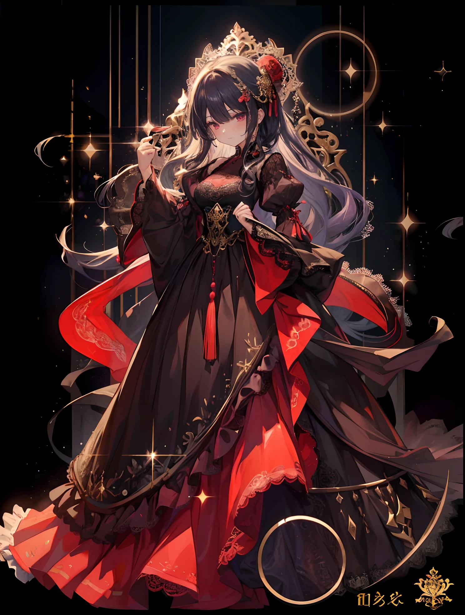 Ultra-realistic photo of a girl in a majestic light purple and red black ball gown dress, Big beautiful dress, Complex puffy ball gown with lots of frills and rhinestones,  (Best Quality, masutepiece, ((Lace sleeves:1.2))。 art  stations, Fantasy Art:1.2), Palace rooms, Beautiful cute, (mannequin), (Complex short gold skirt, Bare legs:1.2, Full body shot)