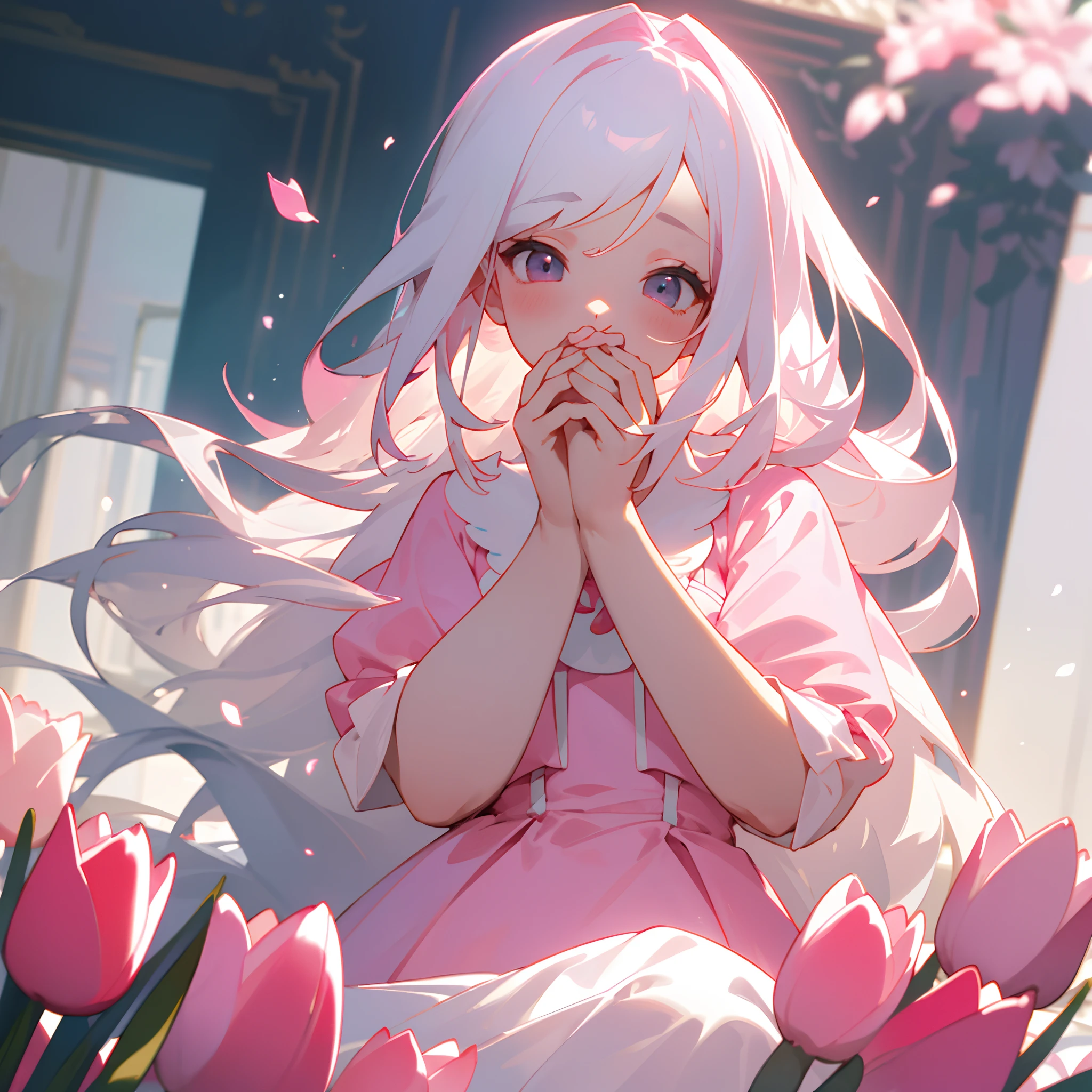 (​masterpiece、top-quality)、Surrounded by pink tulips、1 girl with long white hair、Put your hands under your chin、Warm lighting、Pink dress blurred foreground