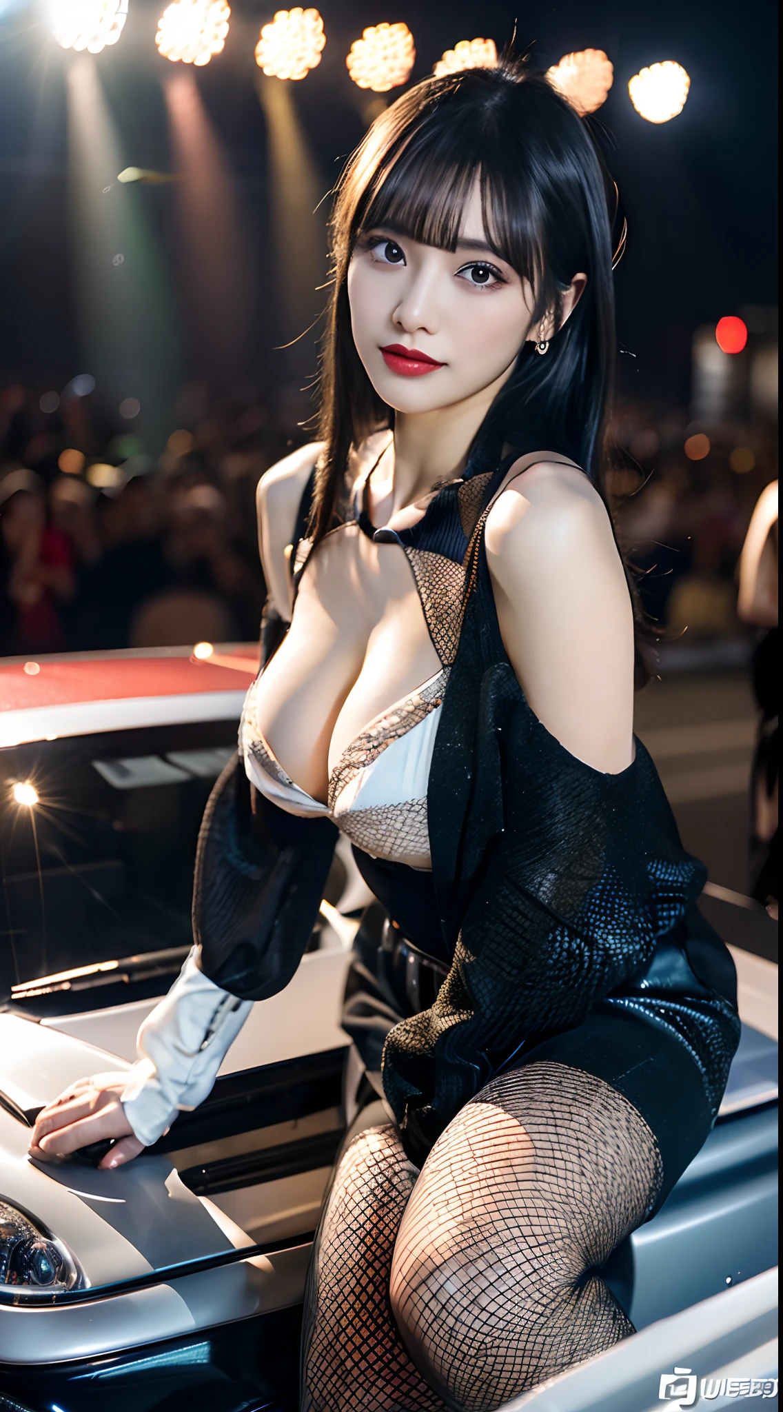 masutepiece、top-quality、Top image quality、8K、Professional Photographer、Professional lighting staff、Professional makeup staff、japanes、Top、Beautuful Women、Glamorous、Colossal tits、Semi-long hair with black hair、Bare skin leotards、highleg、fishnet tights、high-heels、(Model posing sexily in front of show car on gorgeously lit stage at motor show)、