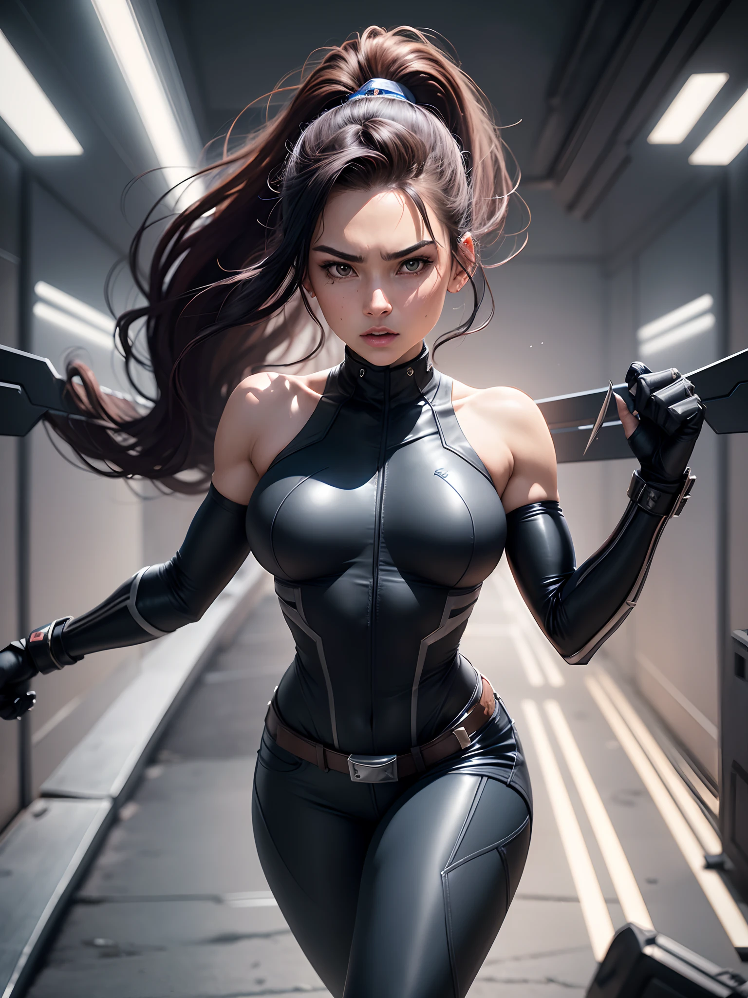 Woman, 20 years old, three 30 cm metal claws coming out of each hand, Wolverine style, a fictional character that appears in Marvel Comics, mainly in association with the X-Men. He is a mutant who has sharp senses, enhanced physical capabilities, a powerful regenerative ability known as a healing factor and three 30cm long metal claws coming out of each hand. belt with X style x-men. In New York, time square, (athletic body: 1.4), (tight leather jacket and x-men style pants: 1.4), (hanging breasts: 1.3), (full breasts: 1.4), (Spot on one eye: 1.3 ), (realism: 1.5), (Realisitc: 1.4), (Absurdity: 1.4), 8k, ultra detailed, Detailed beautiful woman, (Only one: 1.5), 1 girl, (Viewer facing: 1.2),